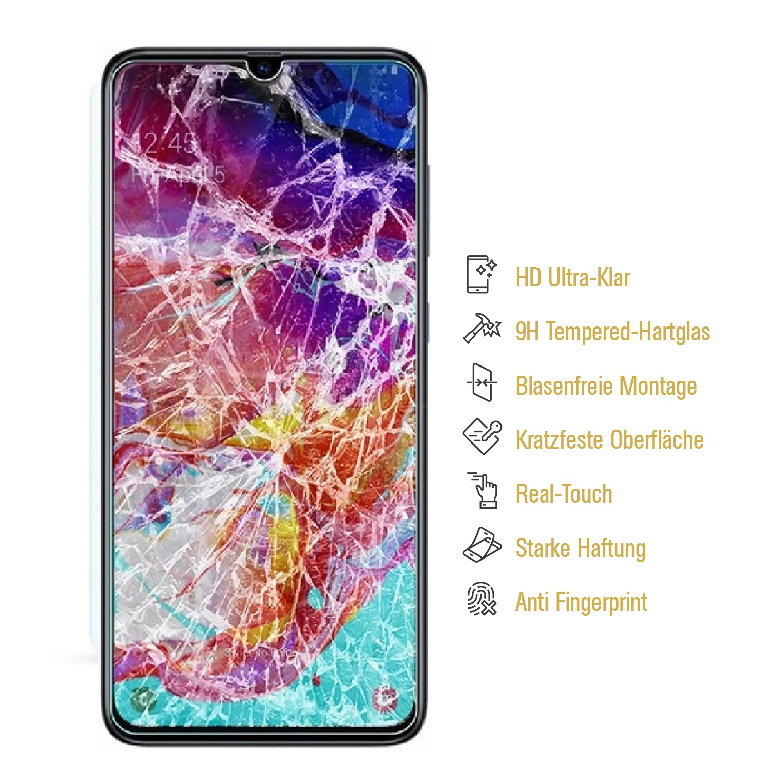 Gerissener Telefonbildschirm mit angebrachtem Displayschutz. Text und Symbole auf dem Bildschirm.