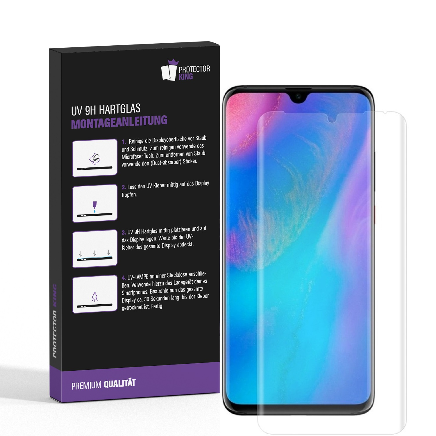 Ein Telefon mit angebrachtem Displayschutz. Die Box zeigt Anweisungen und den Markennamen Protector King.