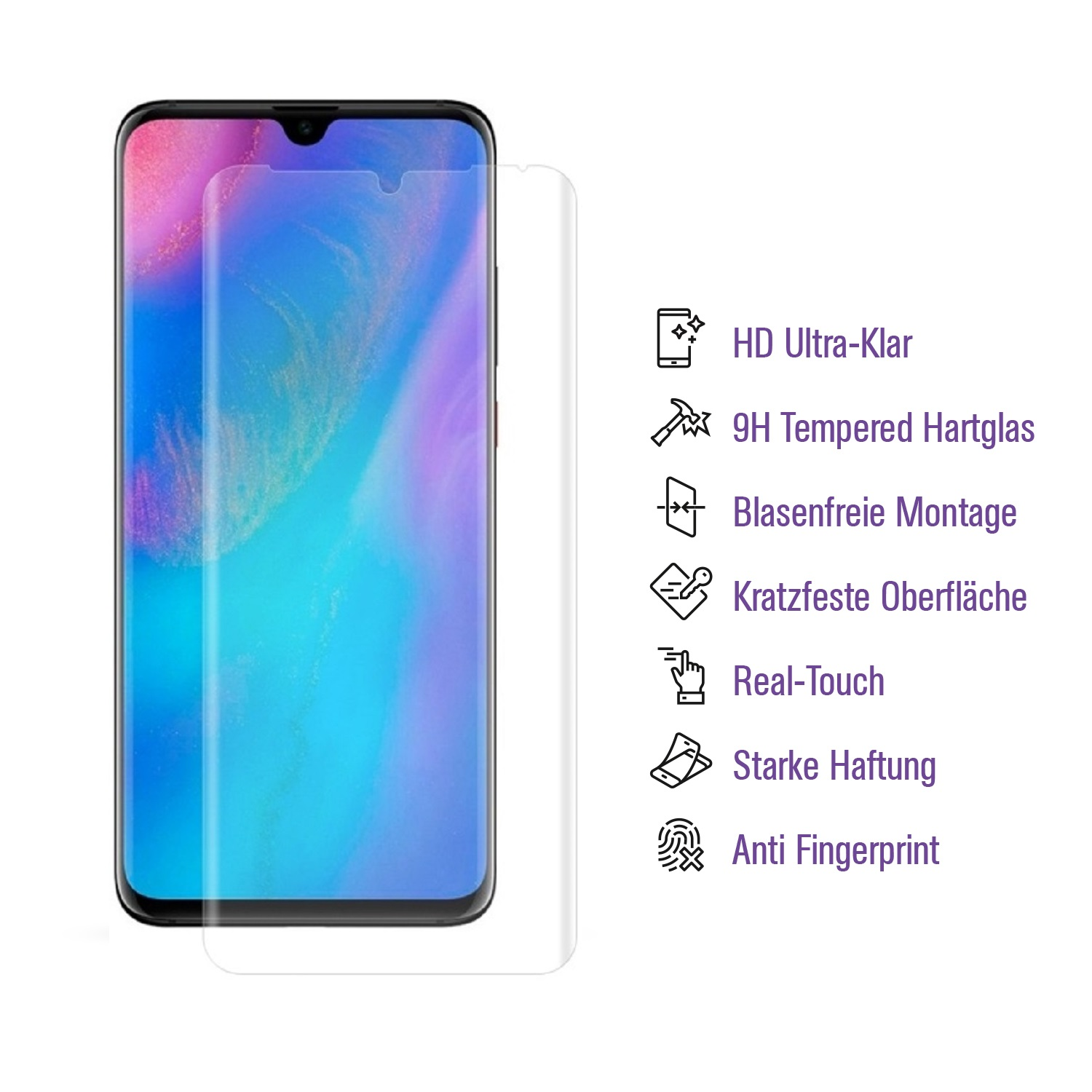 Smartphone mit aufgebrachter Displayschutzfolie. Textdetails zu den Funktionen. Weißer Hintergrund. Schutzglas und Telefon.