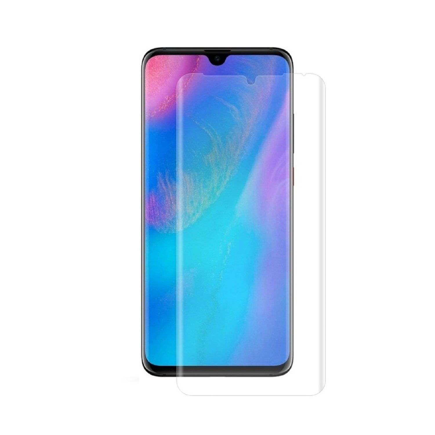 Smartphone mit Displayschutz, zeigt ein blaues und violettes Bild. Klarer Schutz.