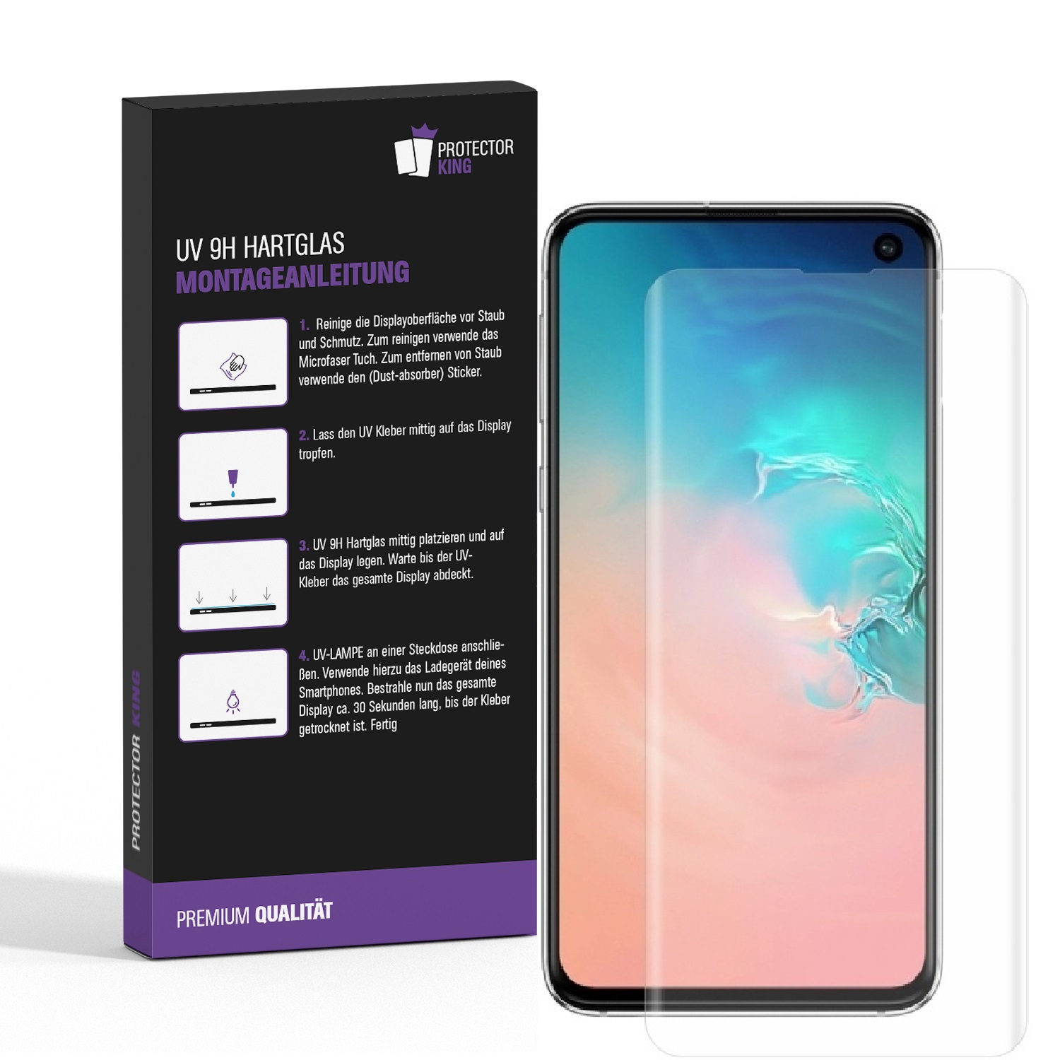 Ein Telefon mit Displayschutzfolie und Installationsanweisungen. Der Schutz ist klar.