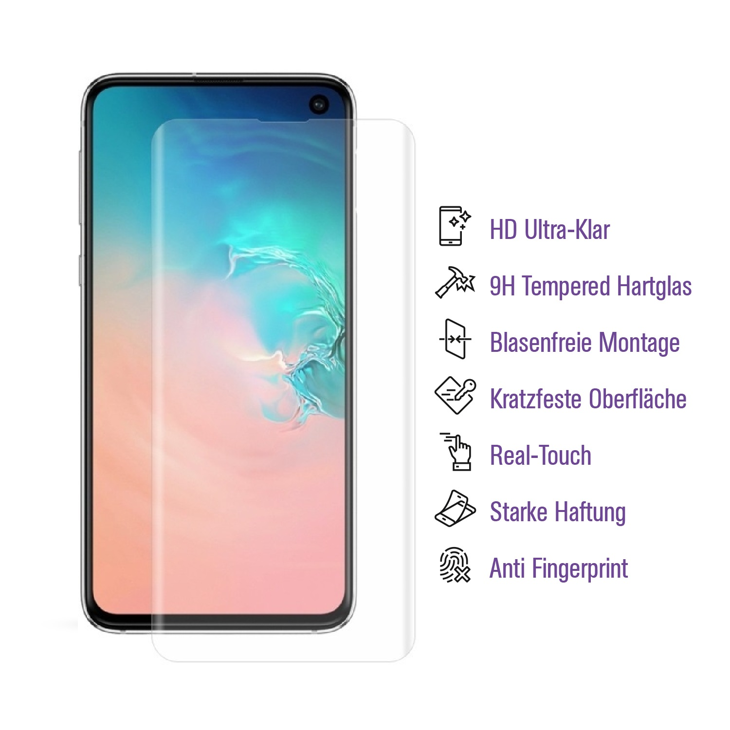 Ein klarer Displayschutz auf einem Telefon. Text kennzeichnet seine Eigenschaften: HD, 9H, kratzfest, Real Touch.