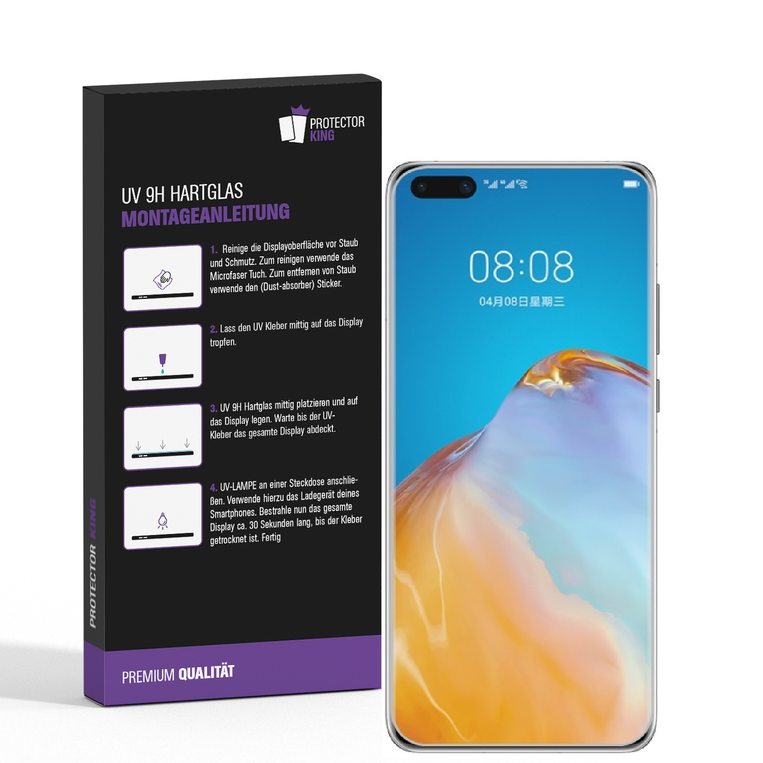 Telefon mit Displayschutz und Anweisungen. Das Telefon zeigt die Uhrzeit an. Schwarzes Gehäuse mit Anweisungen.