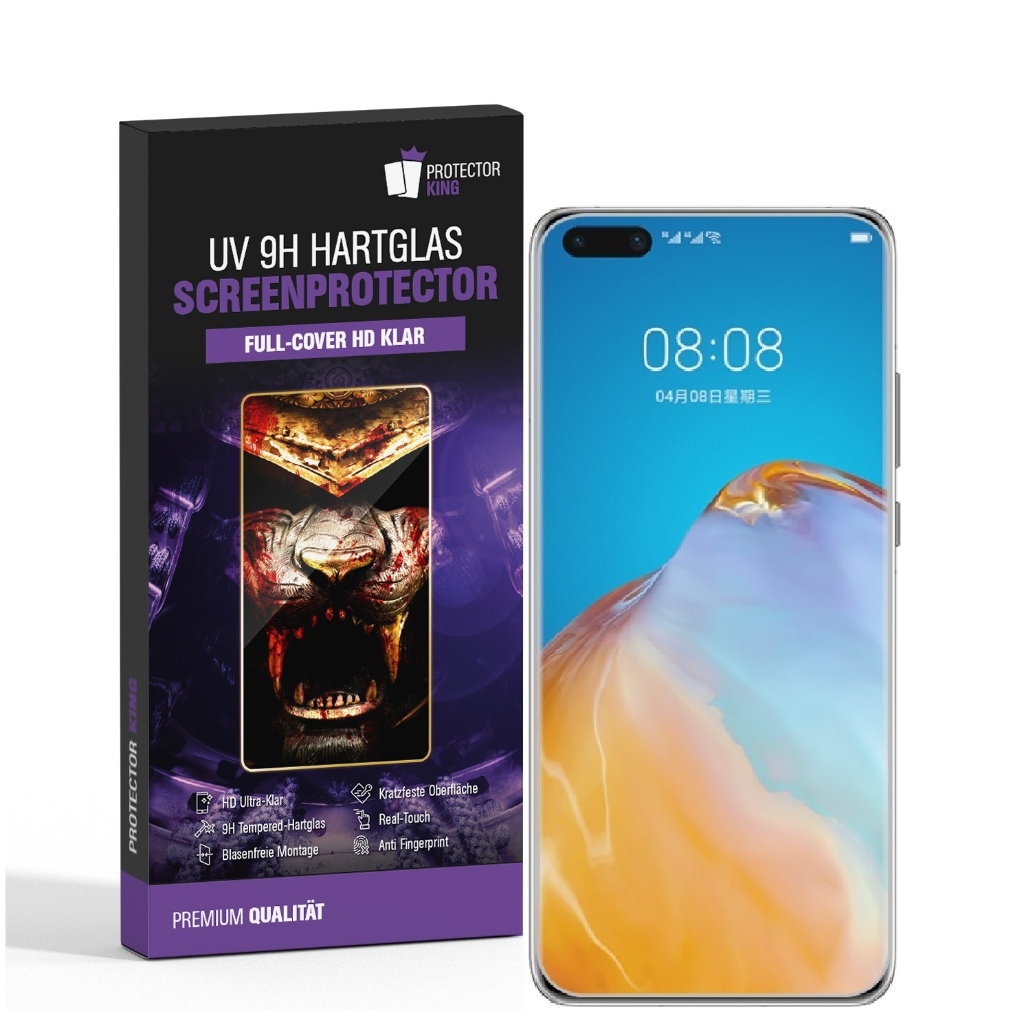 PROTECTORKING 1x Schutzglas Huawei 9H 3D CURVED Hartglas UV-Liquid Pro) FULL Displayschutzfolie(für P40