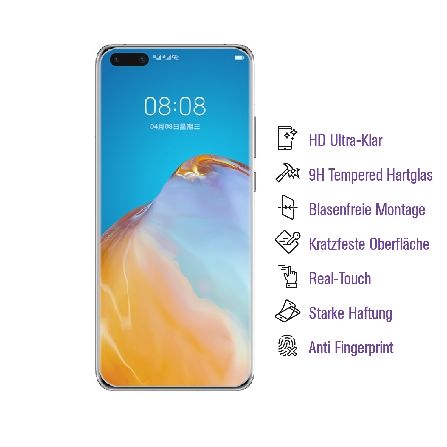 Smartphone-Bildschirm mit Text und Symbolen, zeigt verschwommenen orange-blauen Hintergrund.