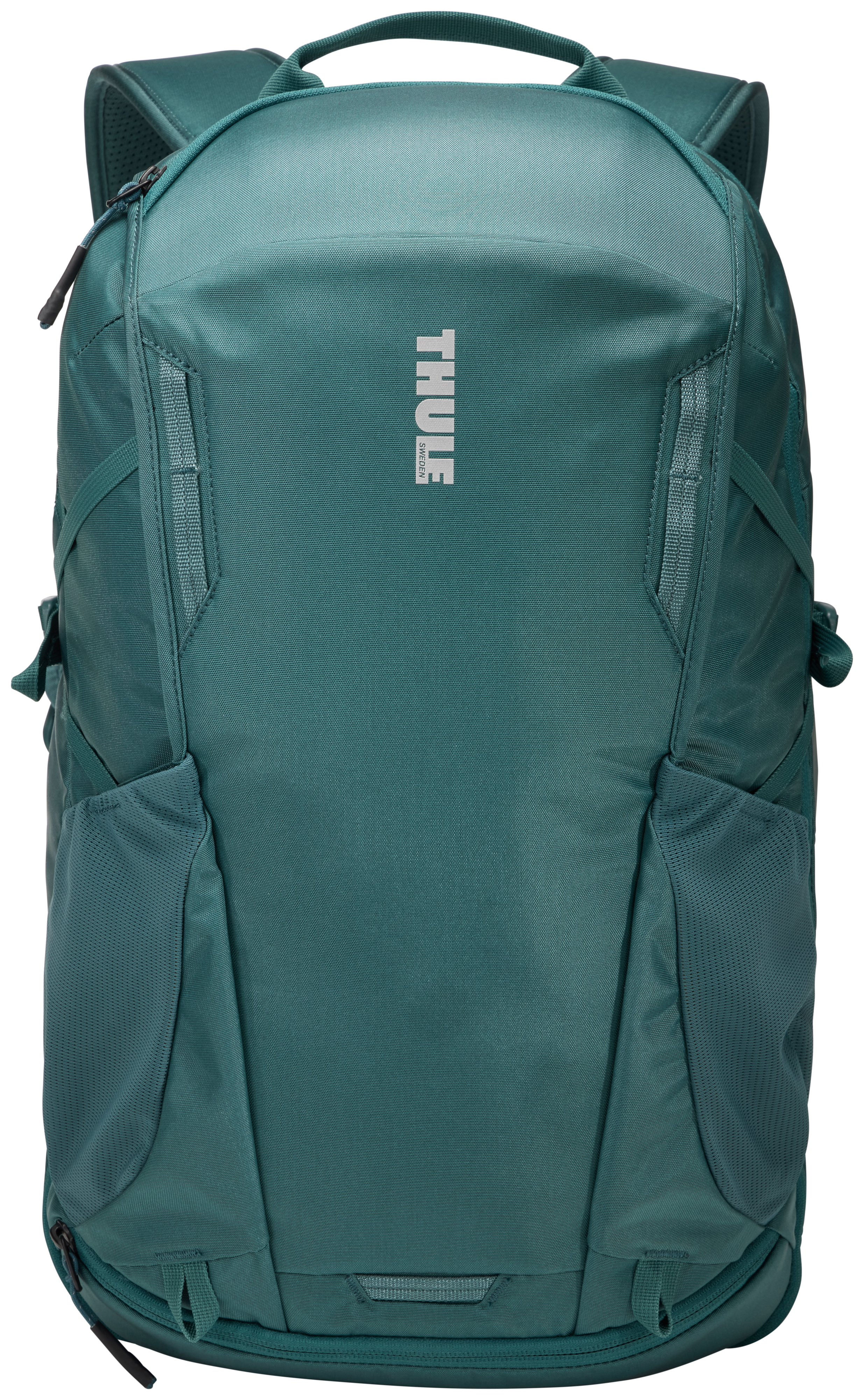Türkisfarbener Rucksack mit weißem Logo, Marke Thule, auf weißem Hintergrund.