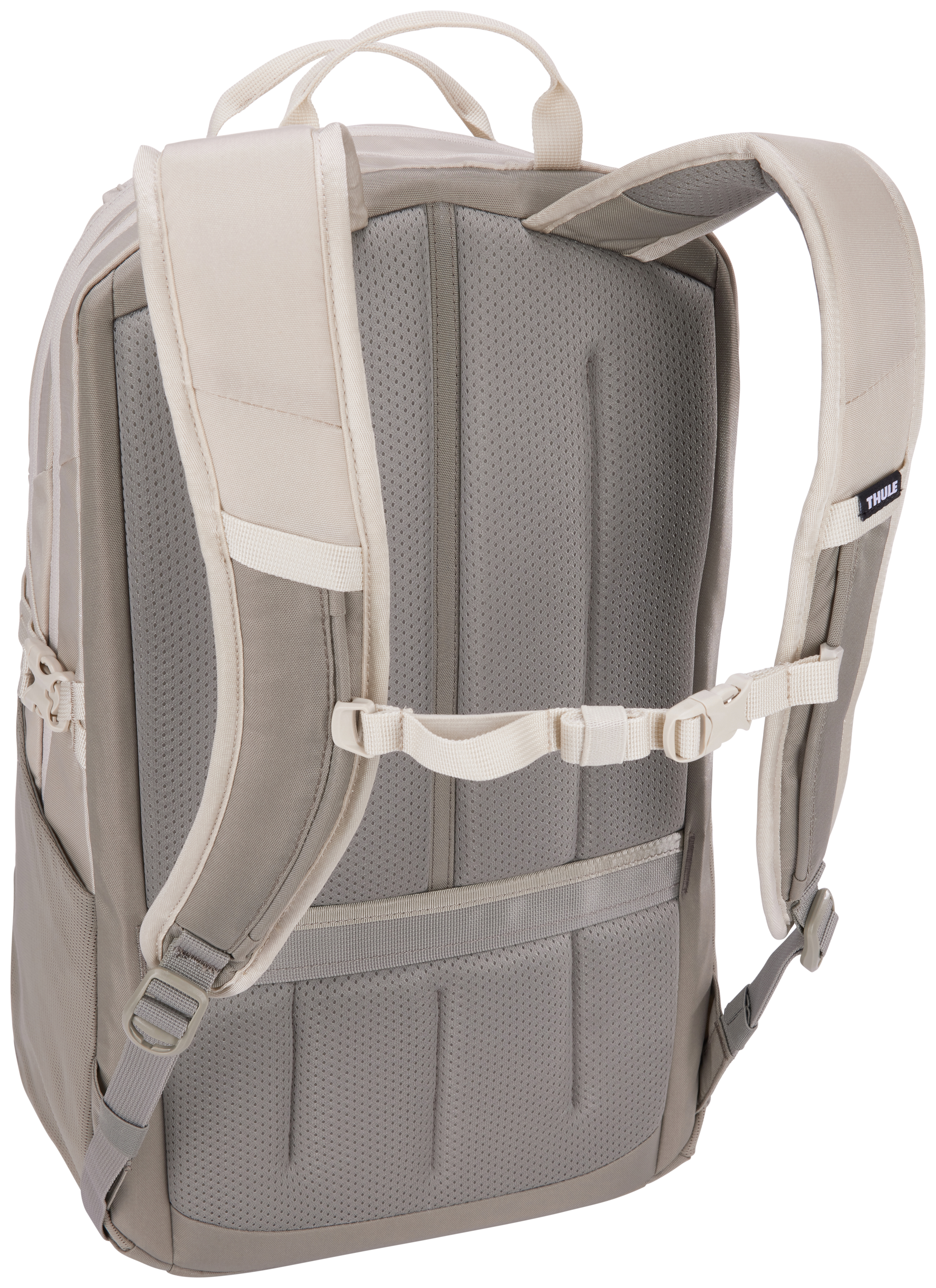 Ein Rucksack mit beige und grauen Farben wird von hinten gezeigt. Er hat Riemen und Polsterung.