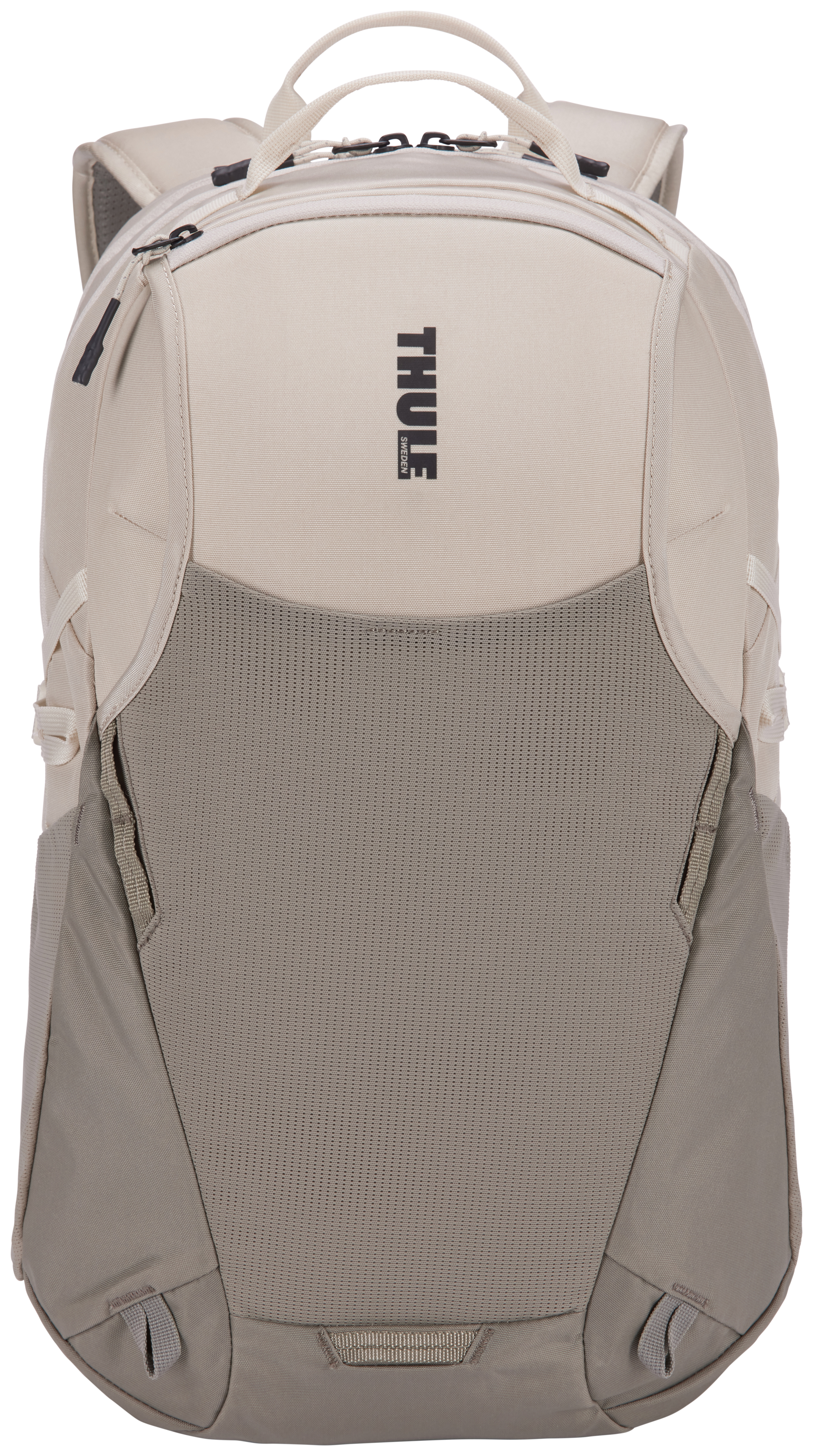 Beigefarbener Rucksack mit dem Markennamen 'THULE'. Mit Mesh und grauen Akzenten.