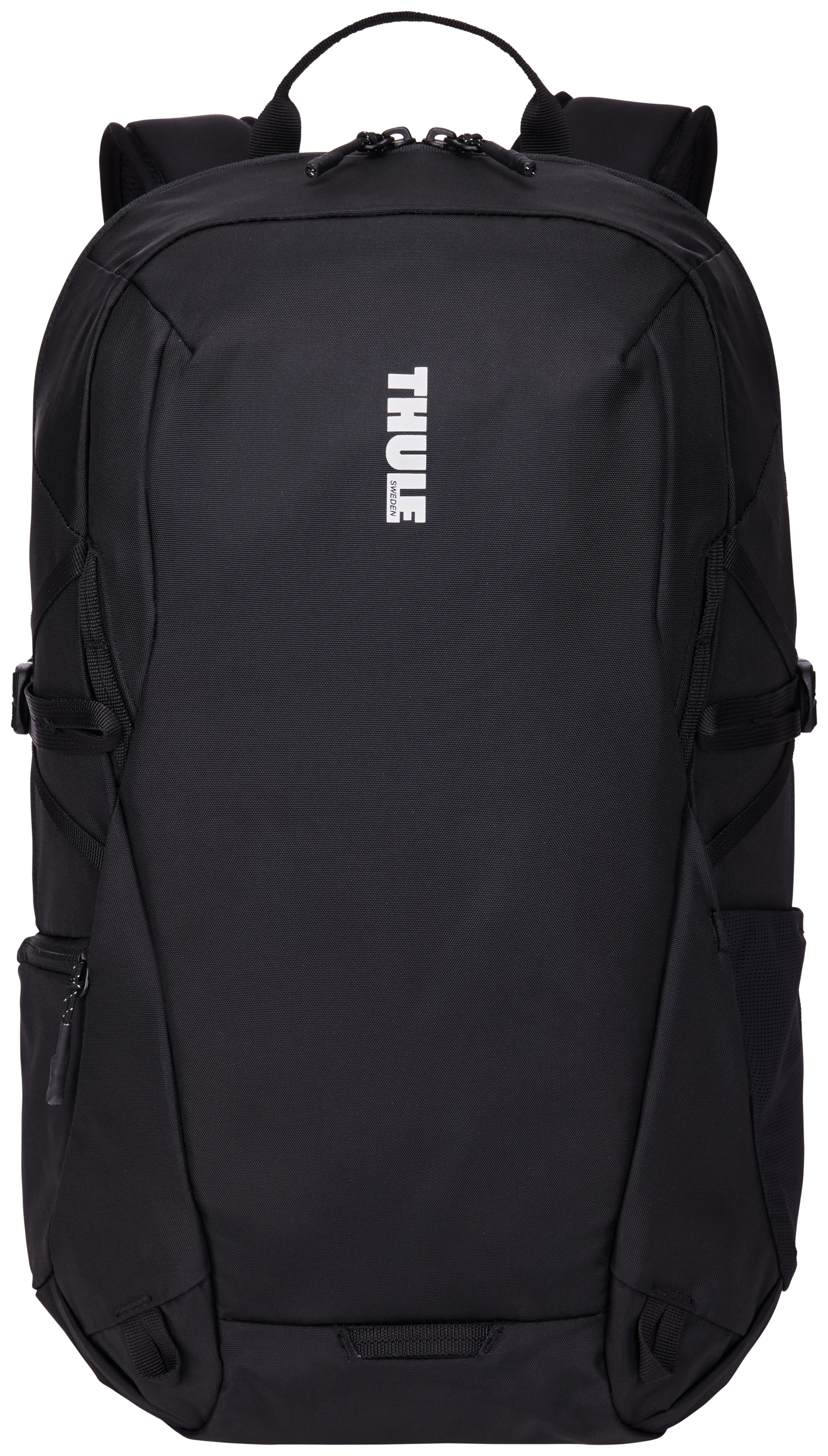 Mochila negra con múltiples compartimentos y el logotipo de Thule.