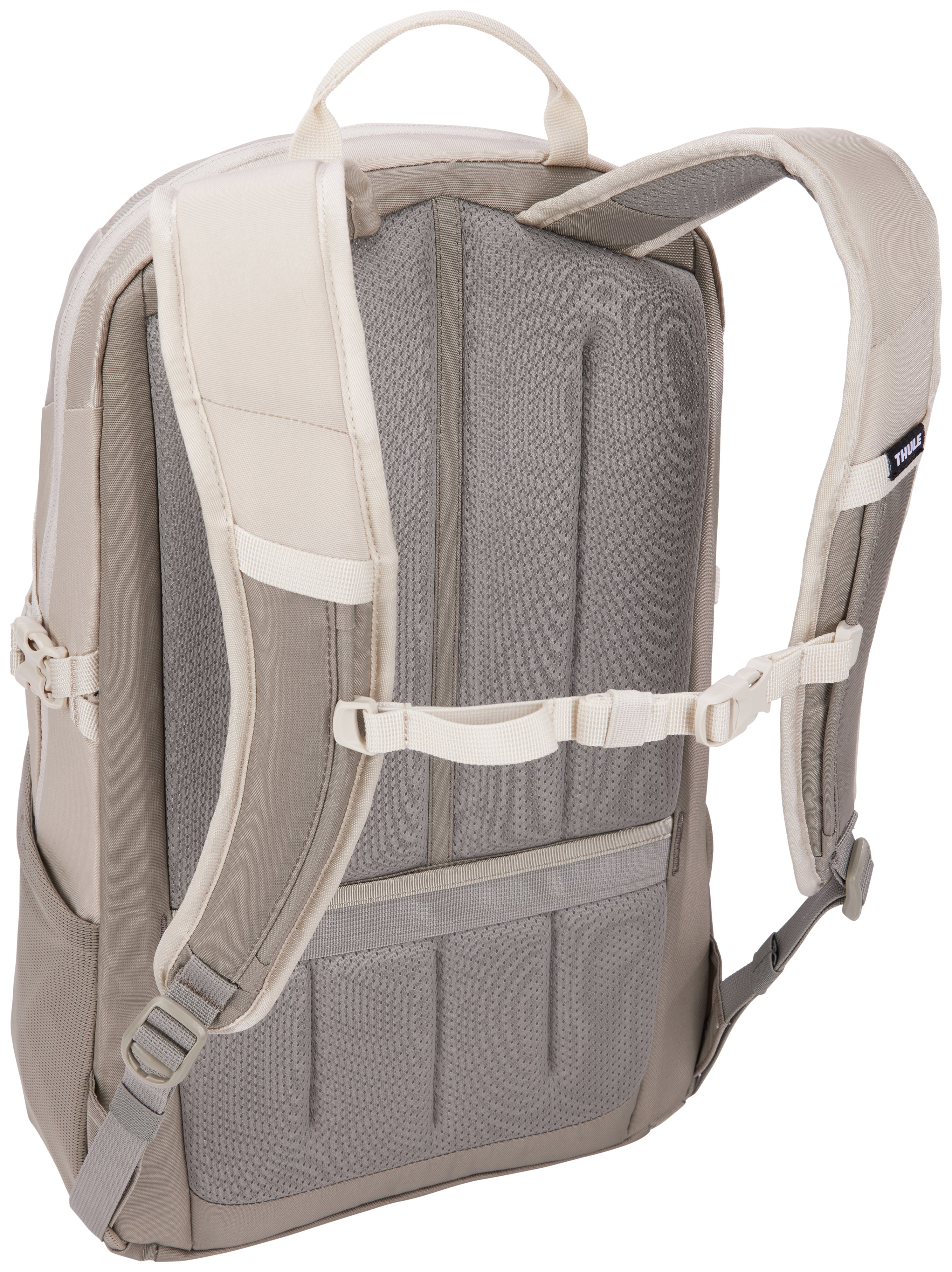 Beiger Rucksack, Rückansicht. Mit Riemen, Polsterung und einem oberen Griff.