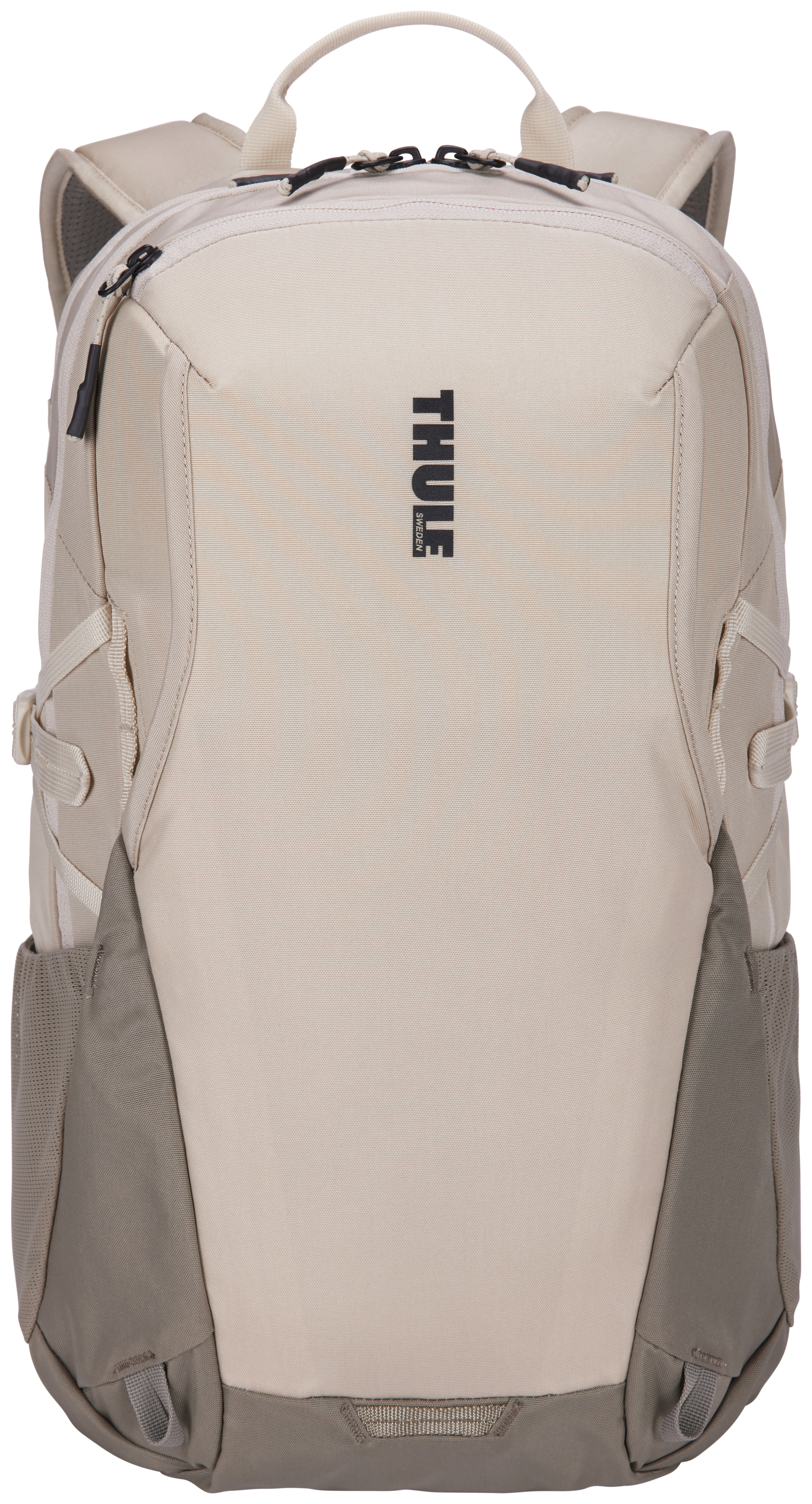 Beiger Thule Rucksack mit mehreren Fächern und einem schwarzen Thule-Logo auf der Vorderseite.