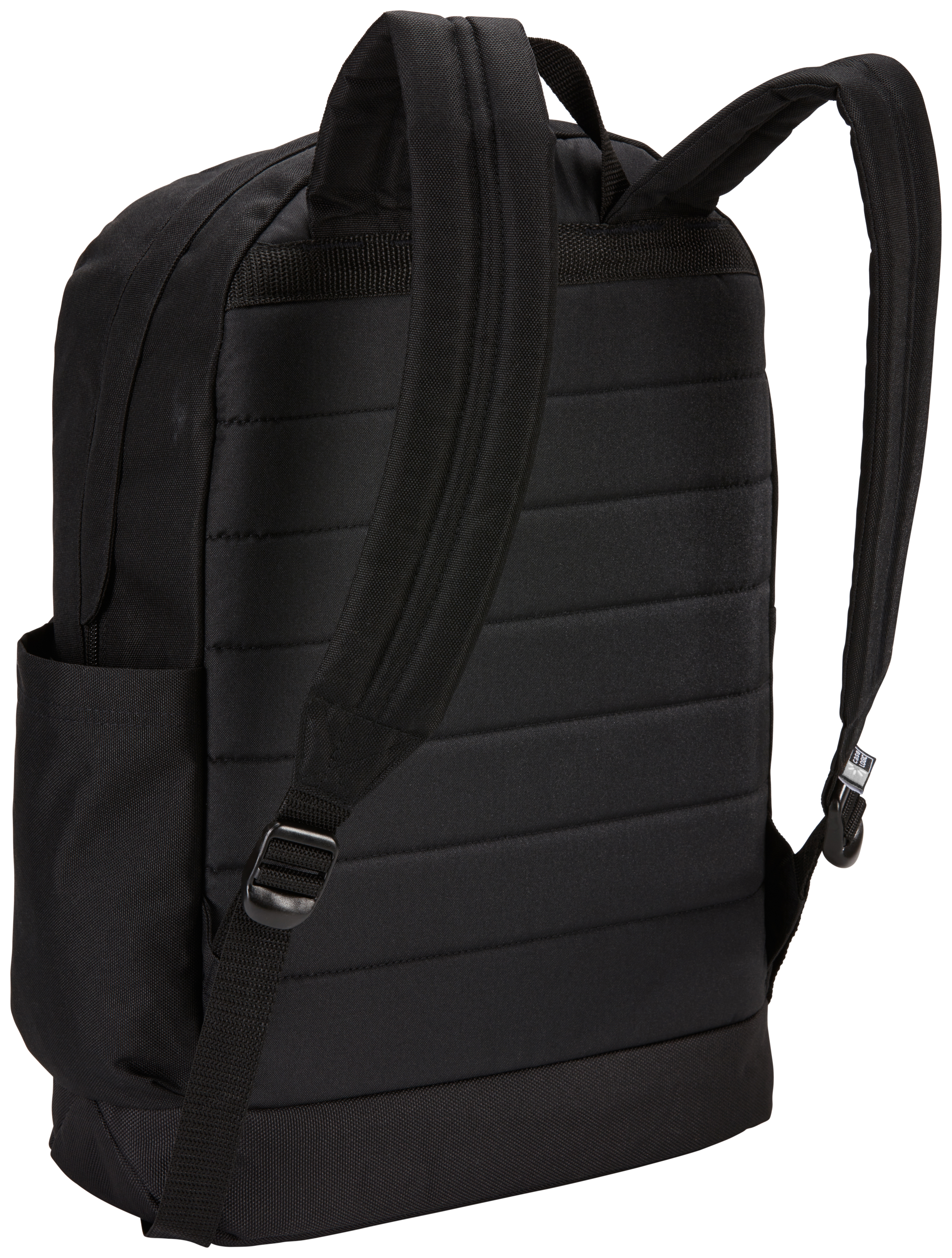 Ein schwarzer Rucksack von hinten. Er hat gepolsterte Träger und ein gepolstertes Rückenteil.