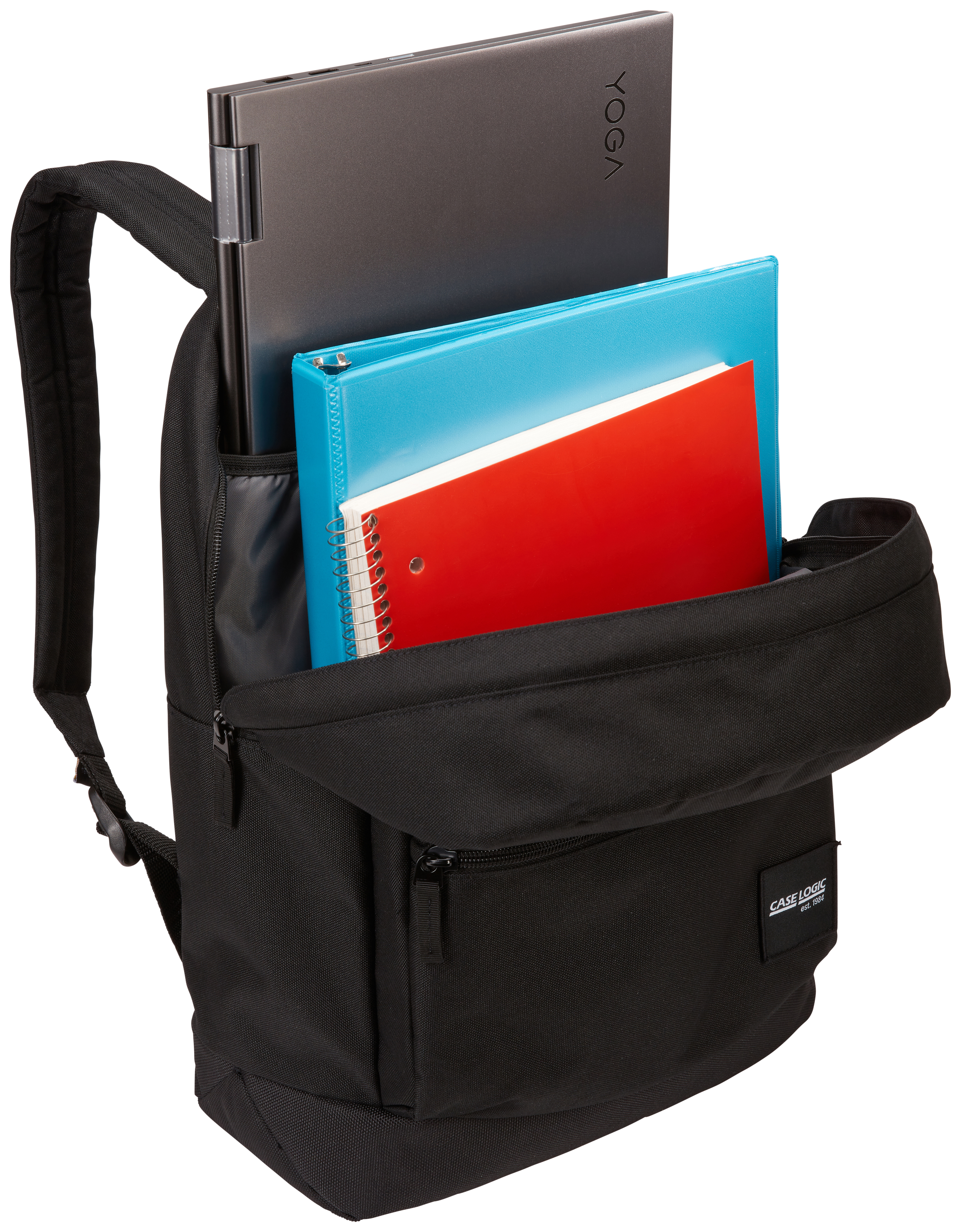 Schwarzer Rucksack, offen. Enthält Laptop, Notizbücher und Stifte. Schwarze Außenseite mit Case Logic-Logo.