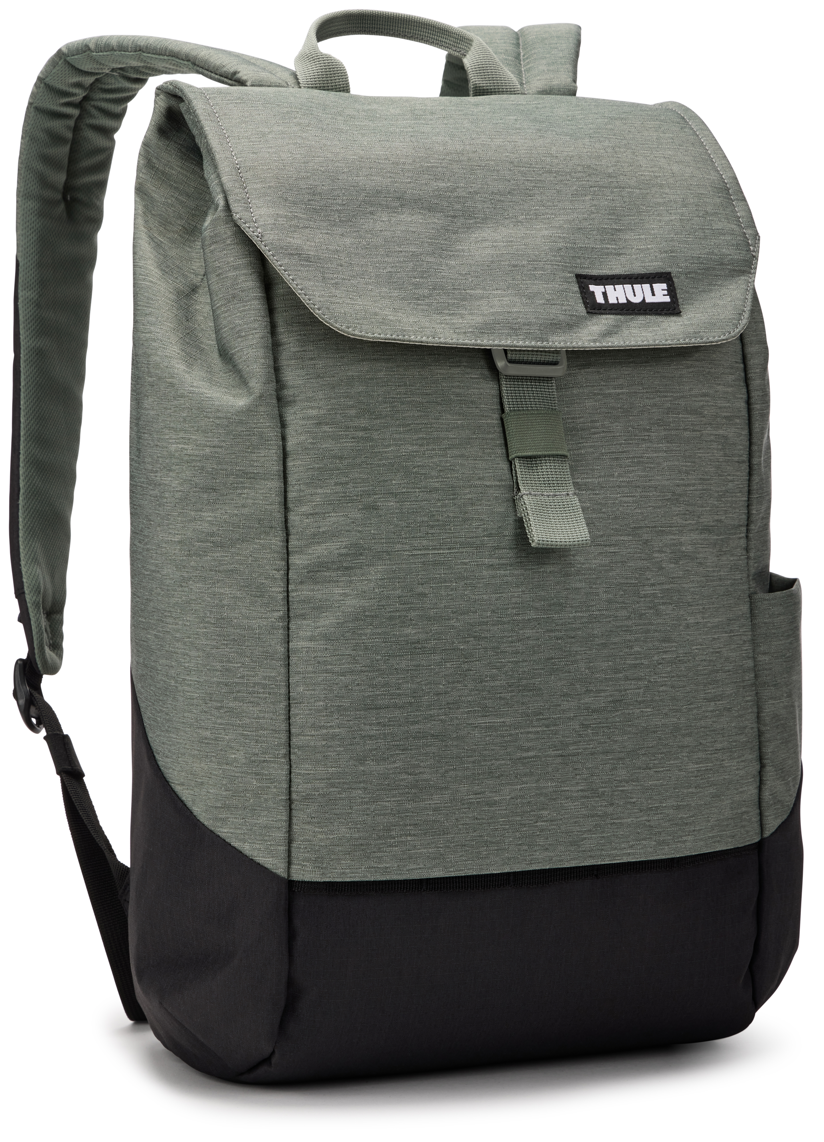 Grüner und schwarzer Rucksack mit Top-Klappe und Seitentasche, markiert THULE.