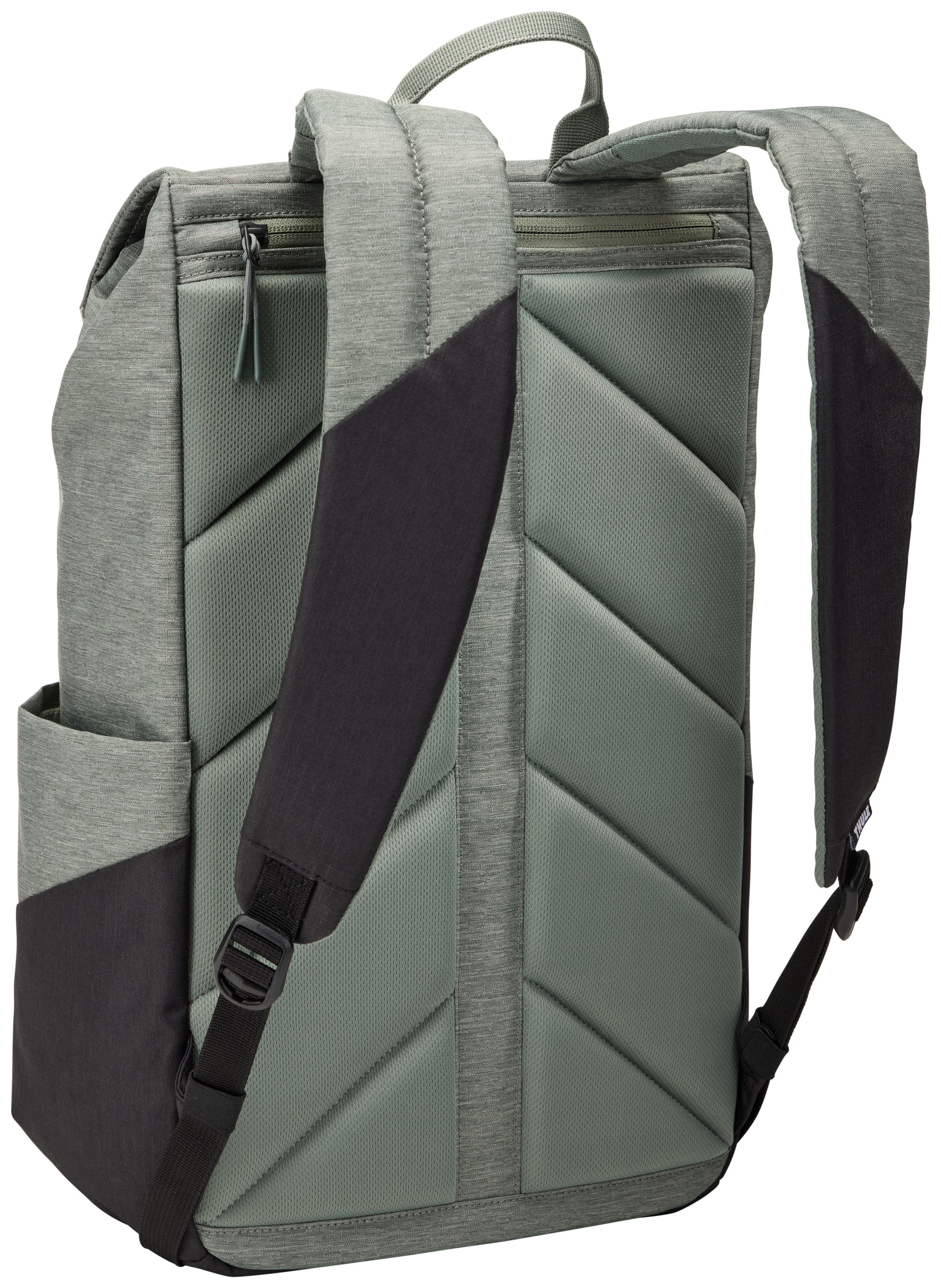 Ein grau-schwarzer Rucksack mit gepolsterten Schultergurten und einer Reißverschlusstasche, von hinten gesehen.
