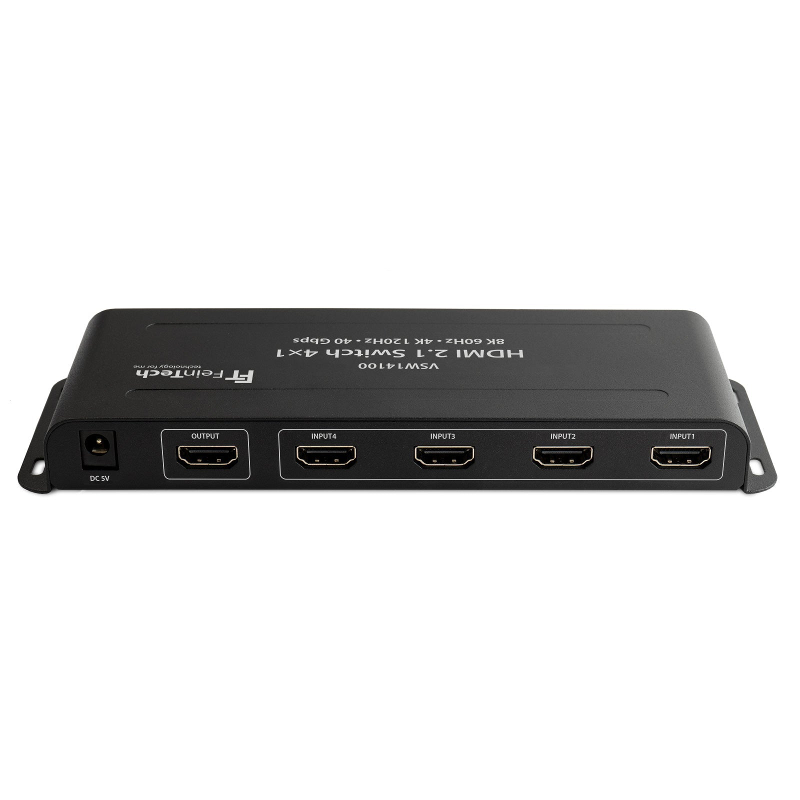 Schwarzer HDMI-Switch mit mehreren Eingangs- und Ausgangsanschlüssen. Das Gerät ist mit technischen Informationen beschriftet.