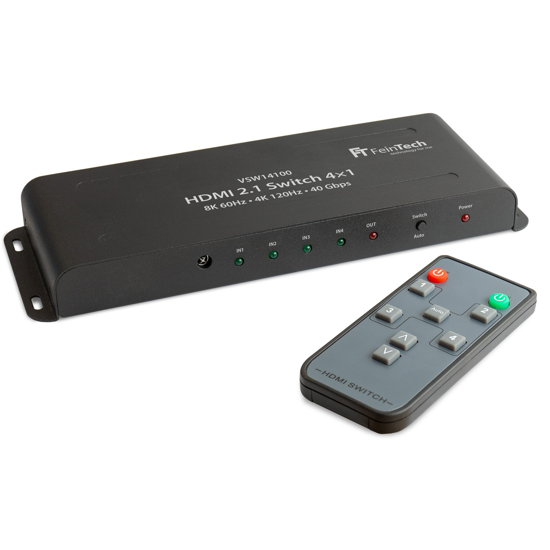 Schwarzer HDMI-Switch mit Fernbedienung. HDMI 2.1 4x1, 8K 60Hz 4K 120Hz 40 Gbit/s.