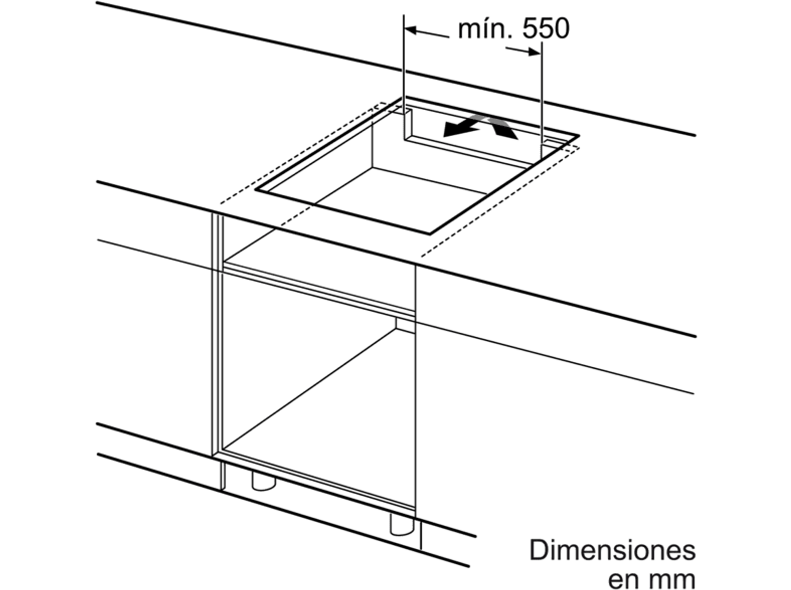 Czarno-biały schemat wbudowanego okapu kuchennego. Wymiary w mm są wskazane.