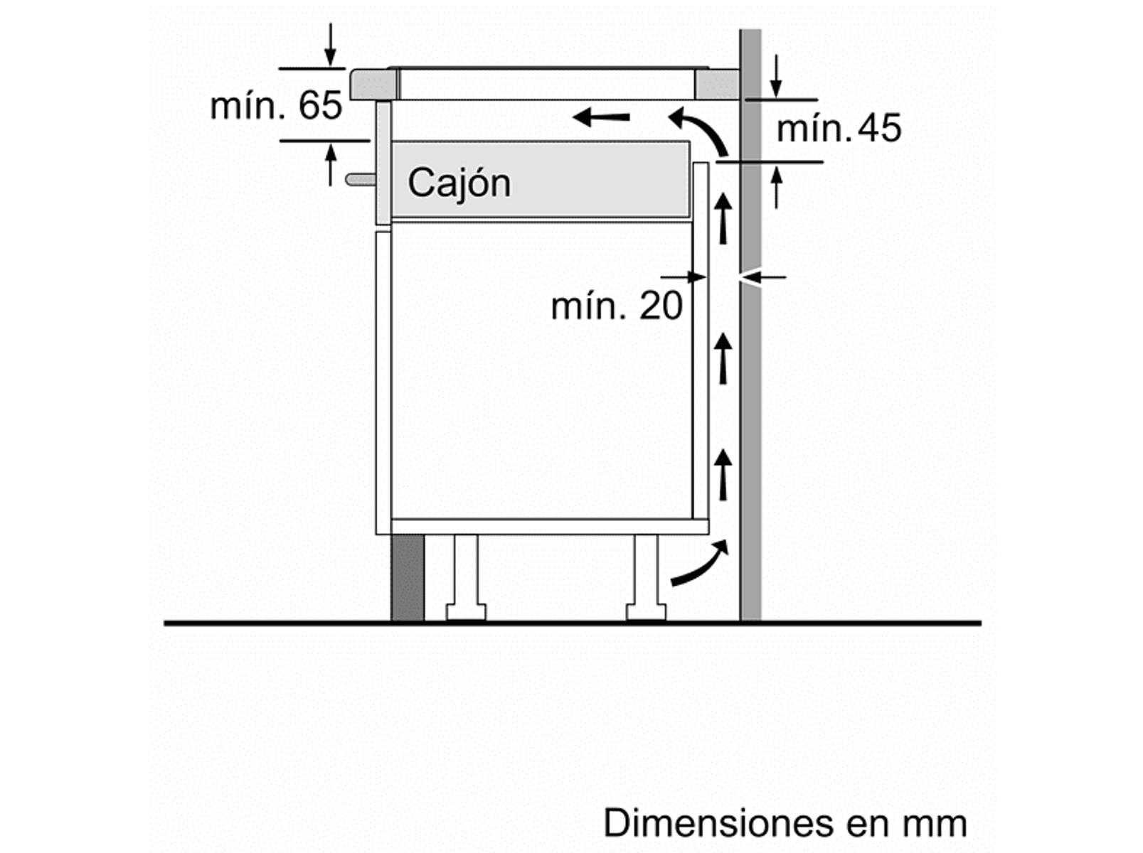 Schemat systemu szuflad z wymiarami w mm.