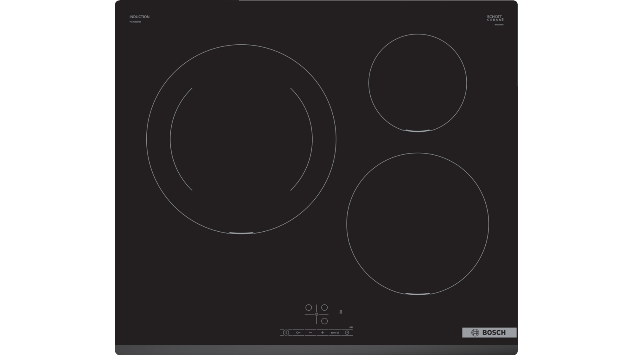 Czarna płyta indukcyjna z trzema okrągłymi palnikami. Płyta na czarnym tle.