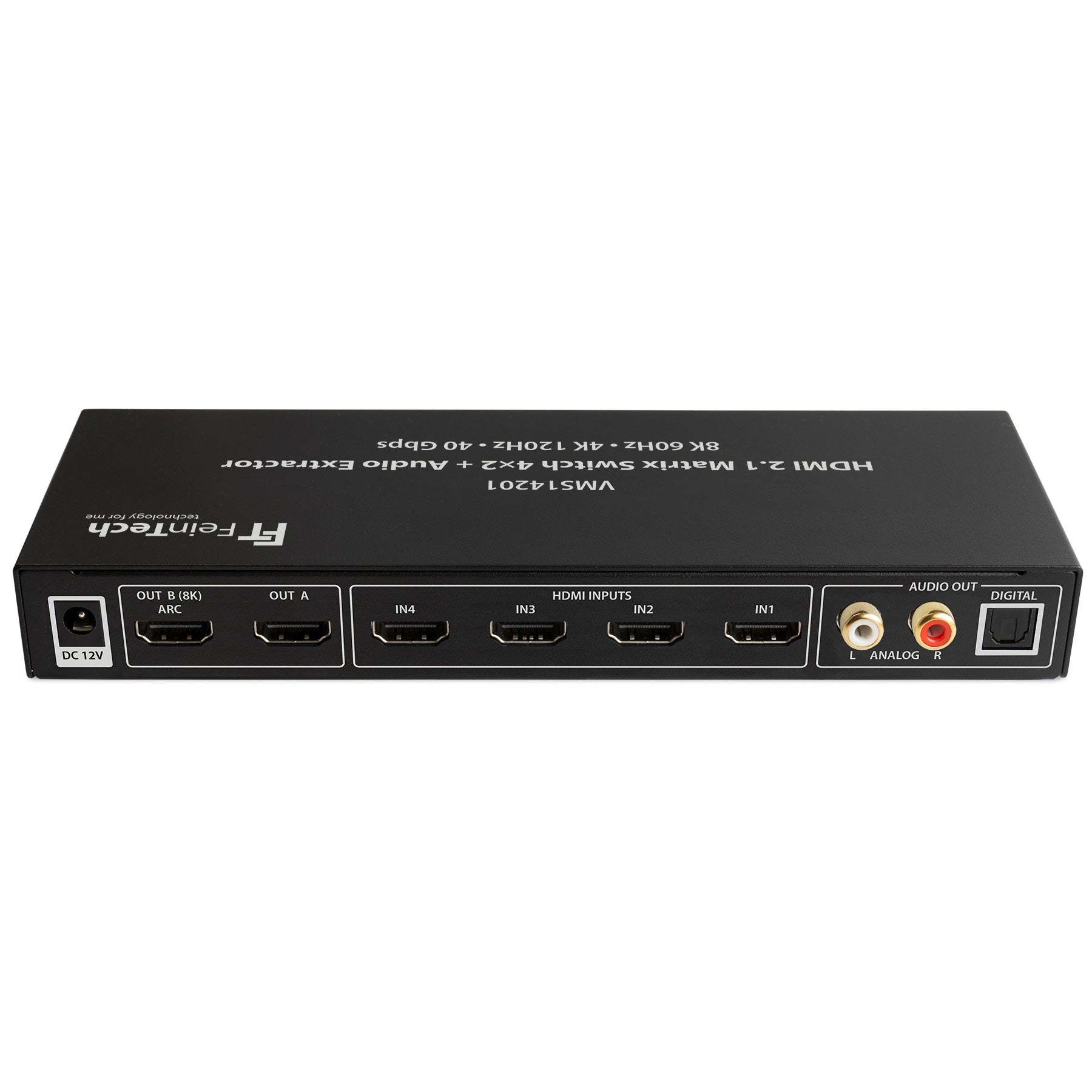 Schwarzer HDMI-Matrix-Switch mit mehreren Anschlüssen. Die Vorderseite hat verschiedene Ein- und Ausgänge und die Rückseite Audioausgänge.