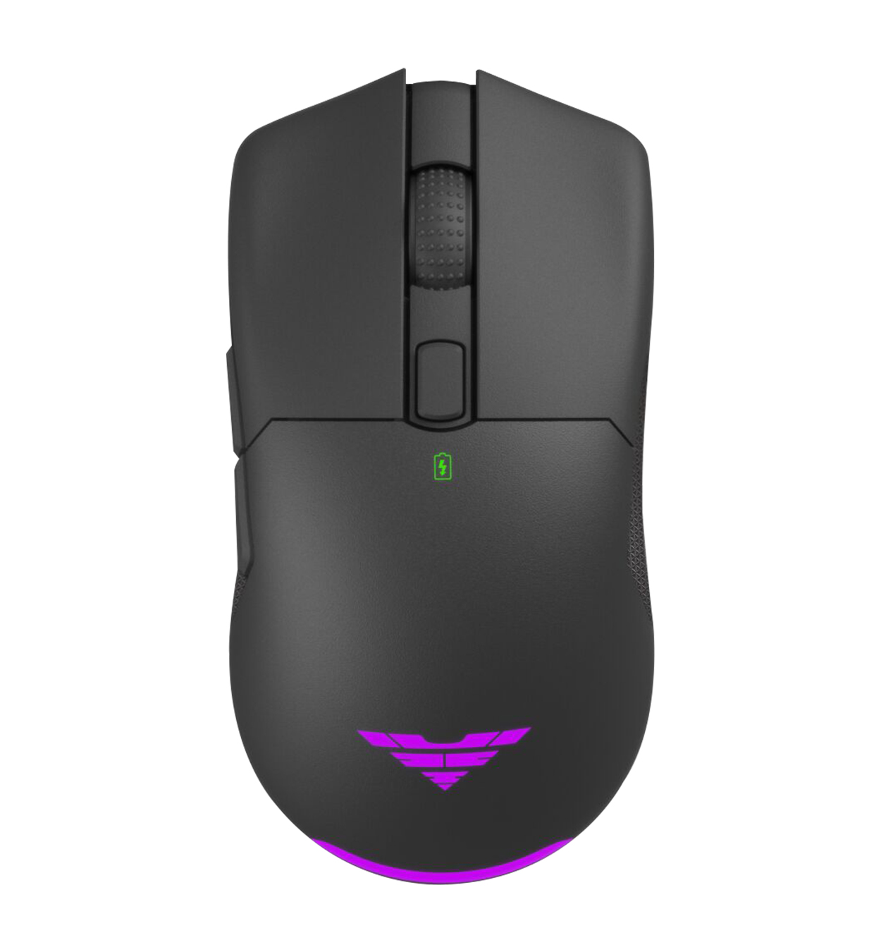 Ratón gaming negro. Tiene un logo morado, una rueda de desplazamiento y un indicador de batería. El fondo es blanco.