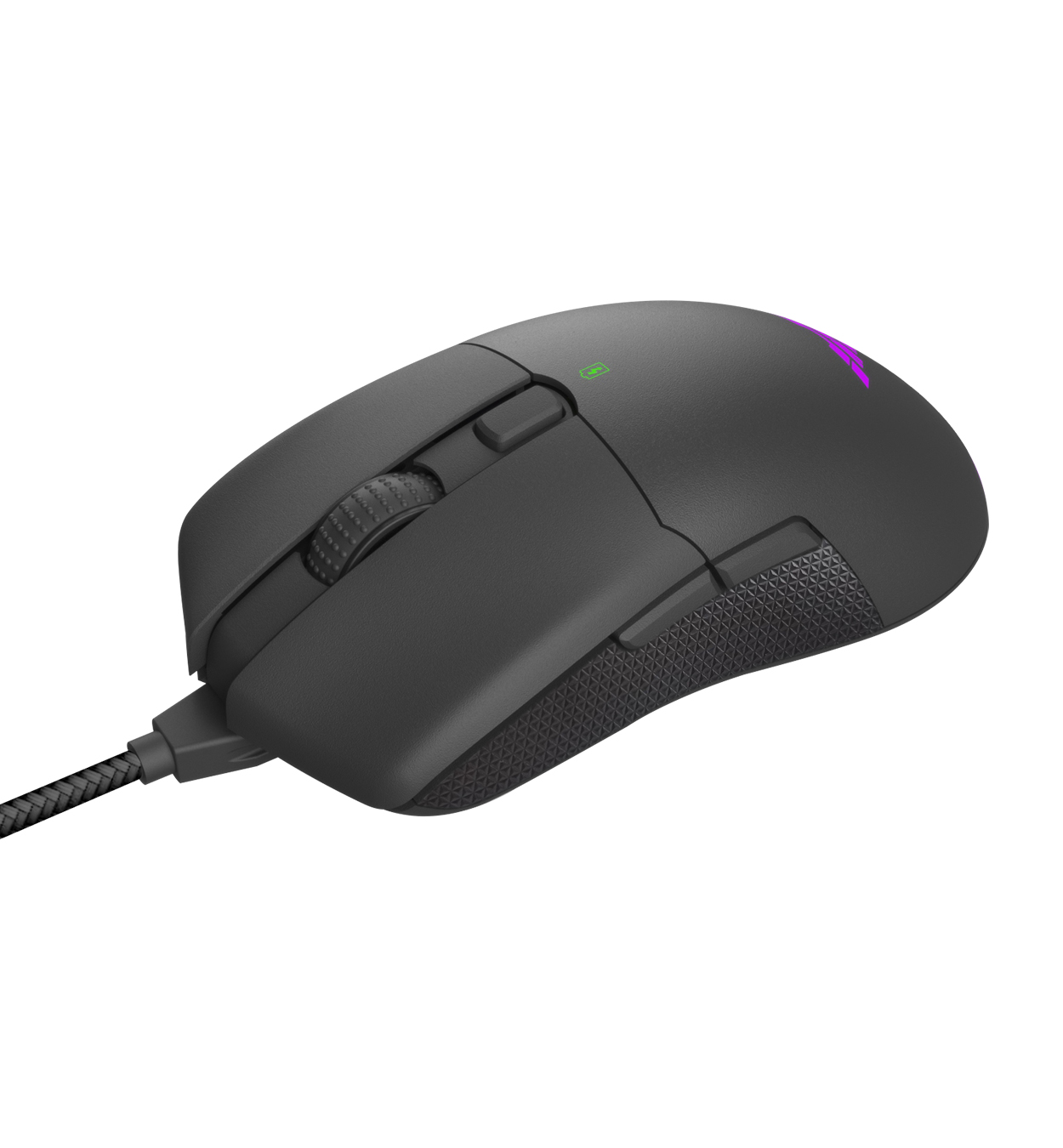 Ratón gaming negro con botones laterales y agarre texturizado. Fondo blanco.