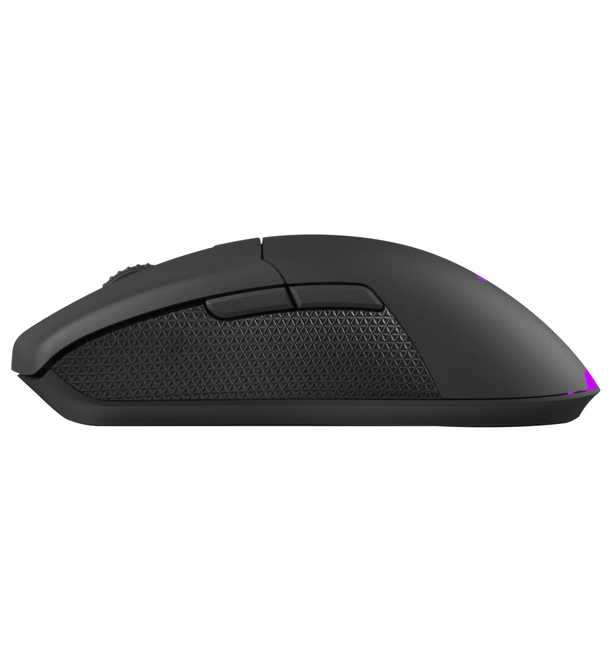 Ratón gaming negro con borde morado. Tiene rueda de desplazamiento, botones y el logotipo. Fondo blanco.