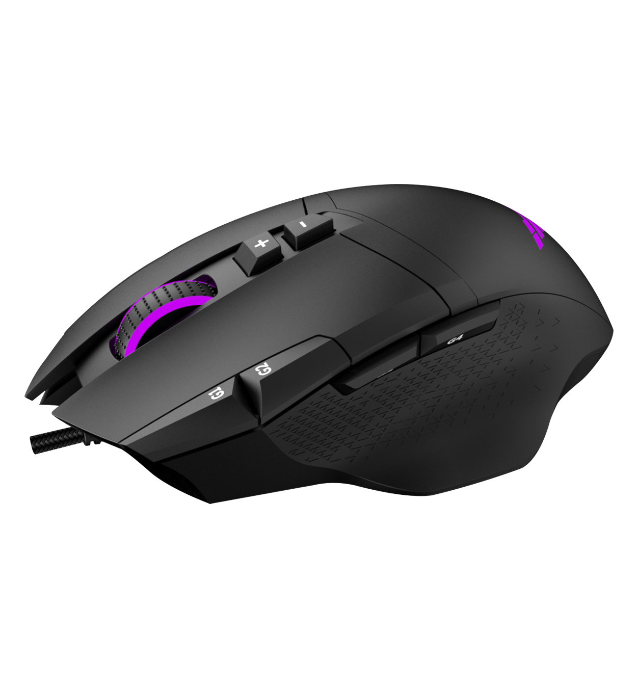 Ratón gaming negro con detalles morados y botones. Tiene rueda de desplazamiento y el logotipo. Fondo blanco.