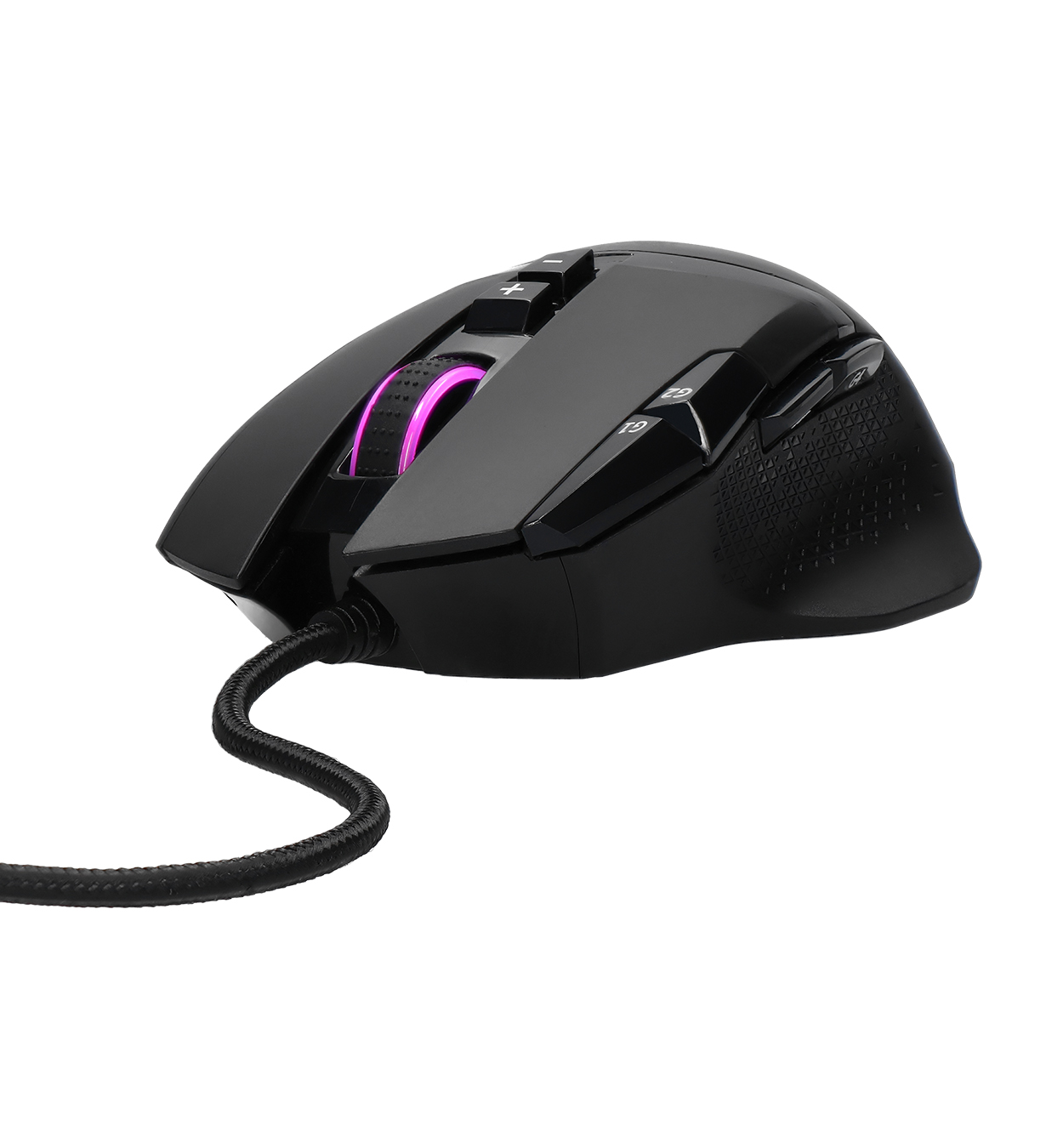 Ratón gaming negro con múltiples botones y rueda de desplazamiento iluminada en rosa. Fondo blanco.