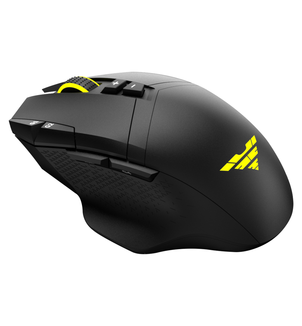 Ratón gaming negro en ángulo. Tiene un logotipo, botones y una rueda de desplazamiento. El fondo es blanco.