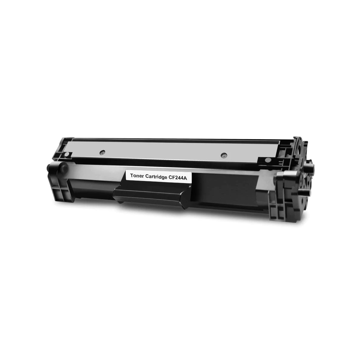 Una cartuccia toner nera CF244A su sfondo bianco. Ha forma rettangolare con un'etichetta sulla parte anteriore.