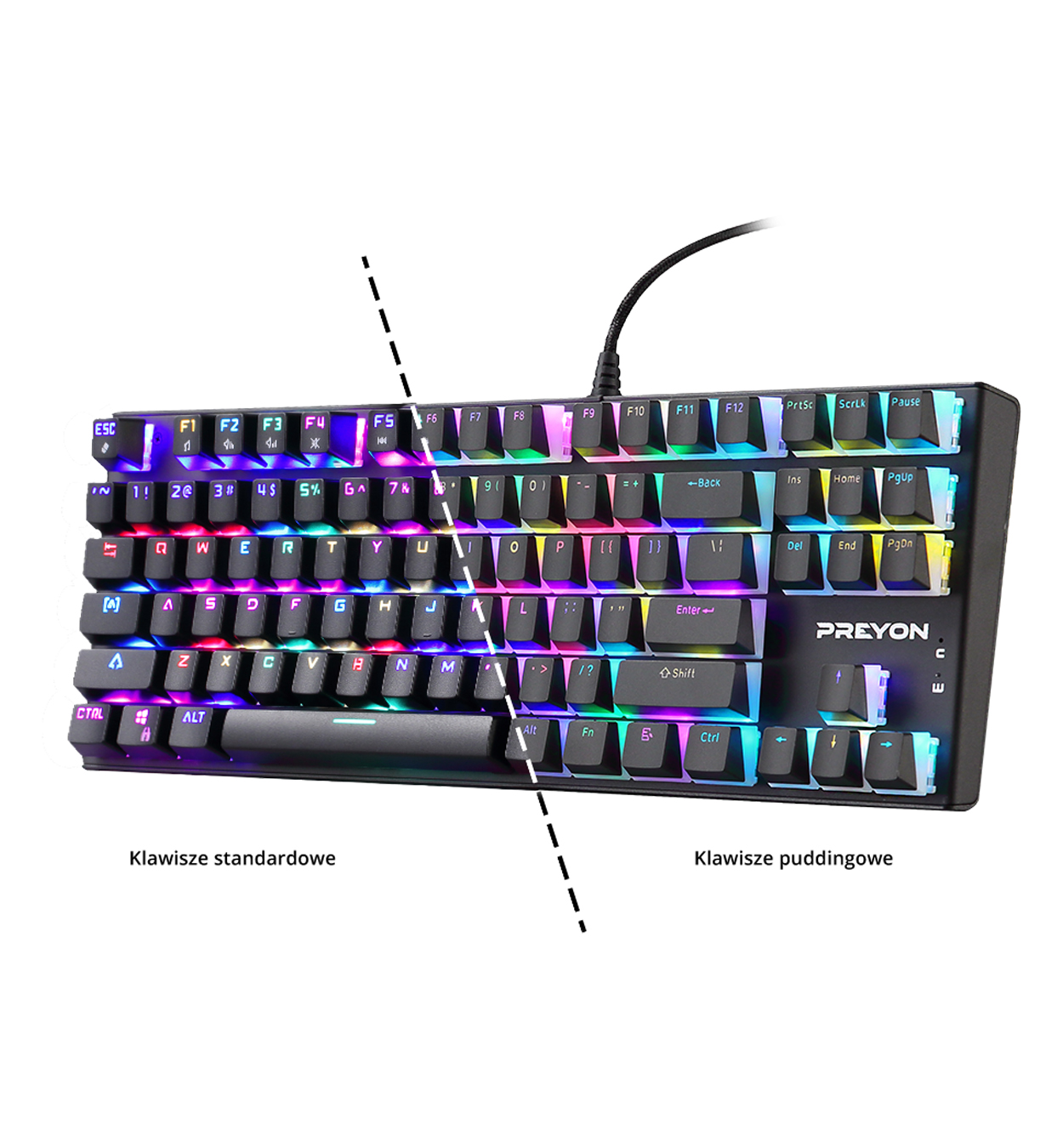 Teclado negro con teclas iluminadas con arcoíris. Muestra comparaciones de teclas estándar y pudding.