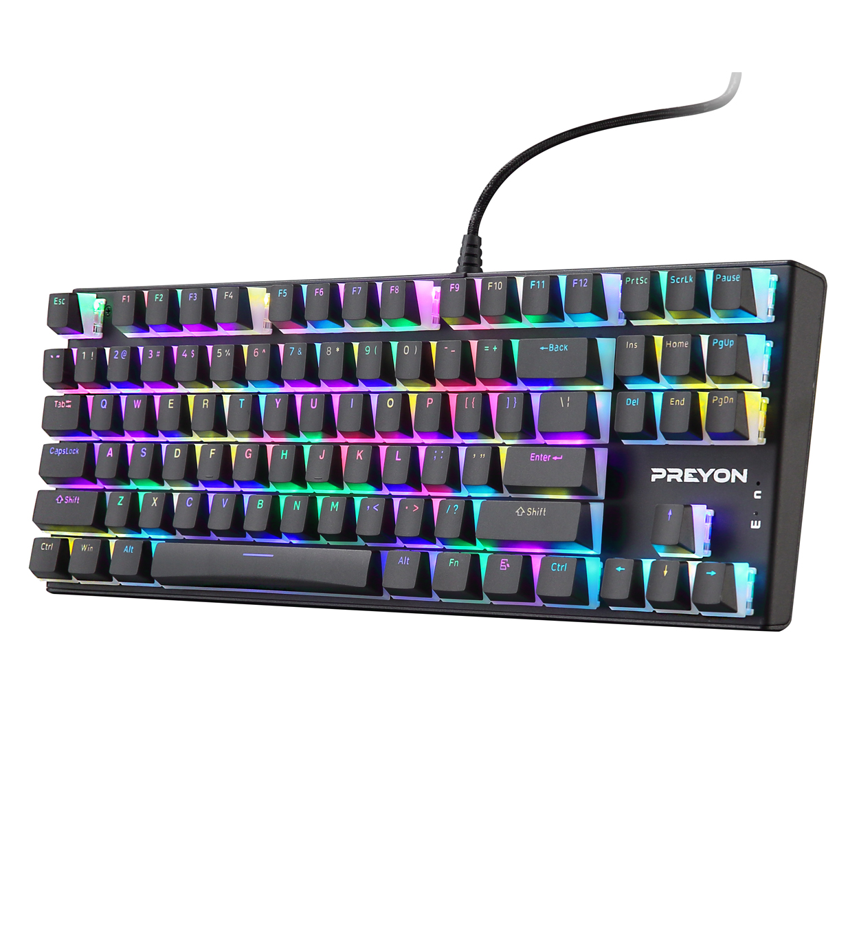 Un teclado negro y colorido con teclas iluminadas. El fondo es blanco.