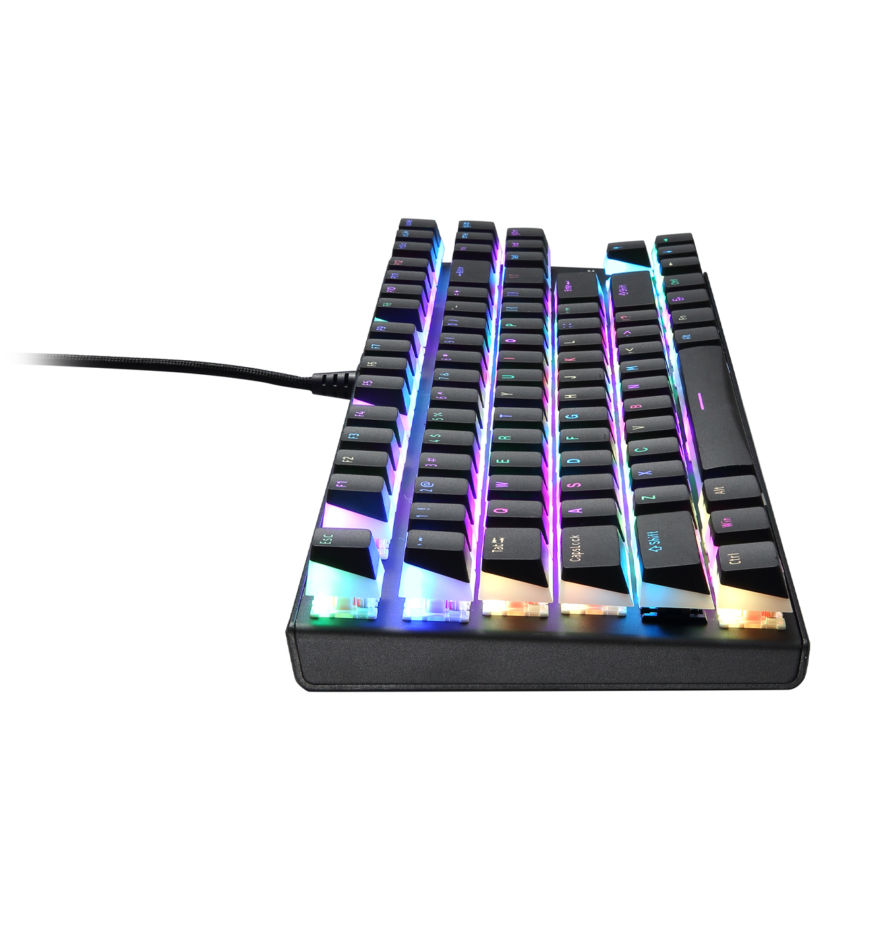 Un teclado negro con teclas iluminadas, fotografiado de lado. El fondo es blanco.