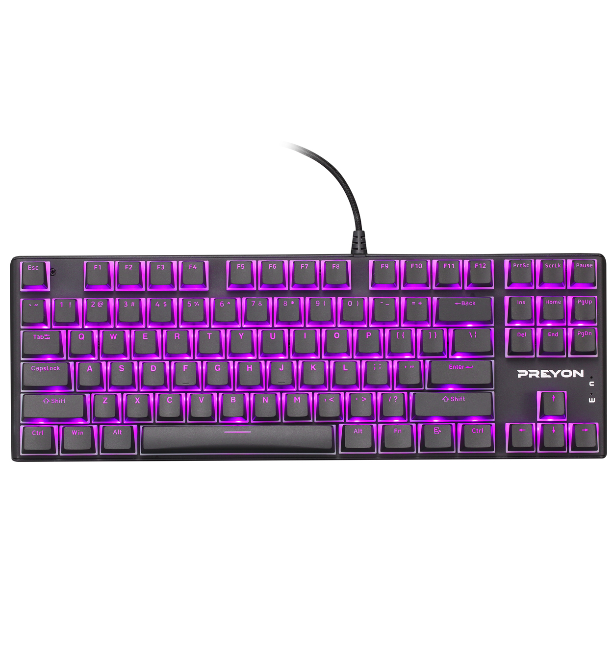 Teclado negro con retroiluminación morada. Las teclas son blancas. El fondo es blanco.