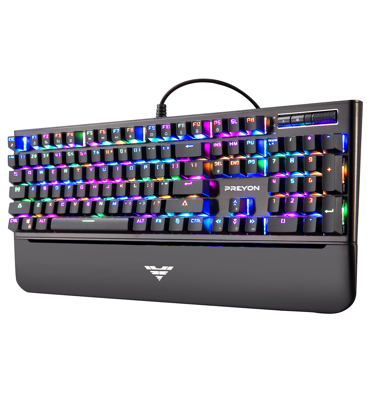 Teclado negro con reposamuñecas e iluminación RGB. Cuenta con el logo PREYON y la disposición de teclas.