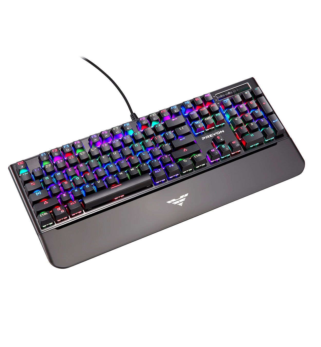 Teclado negro con luces LED multicolores y reposamuñecas. La marca PREYON es visible. Vista superior.
