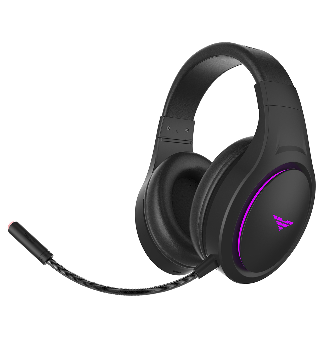 Schwarzes Gaming-Headset mit Mikrofon, leuchtendes lila Licht am Ohrmuschel.