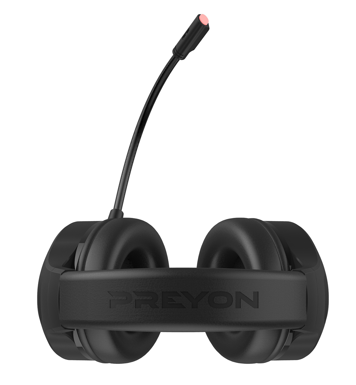 Schwarzes Gaming-Headset mit Mikrofon. Das Mikrofon ist flexibel und hat eine rote Spitze.