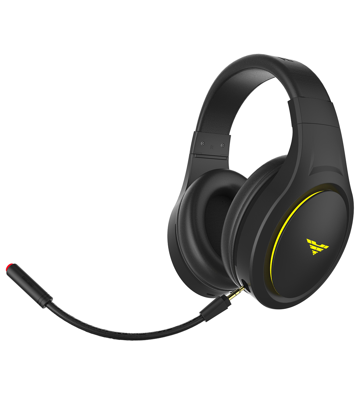 Schwarzes Gaming-Headset mit Mikrofon und gelben Akzenten an den Ohrmuscheln.