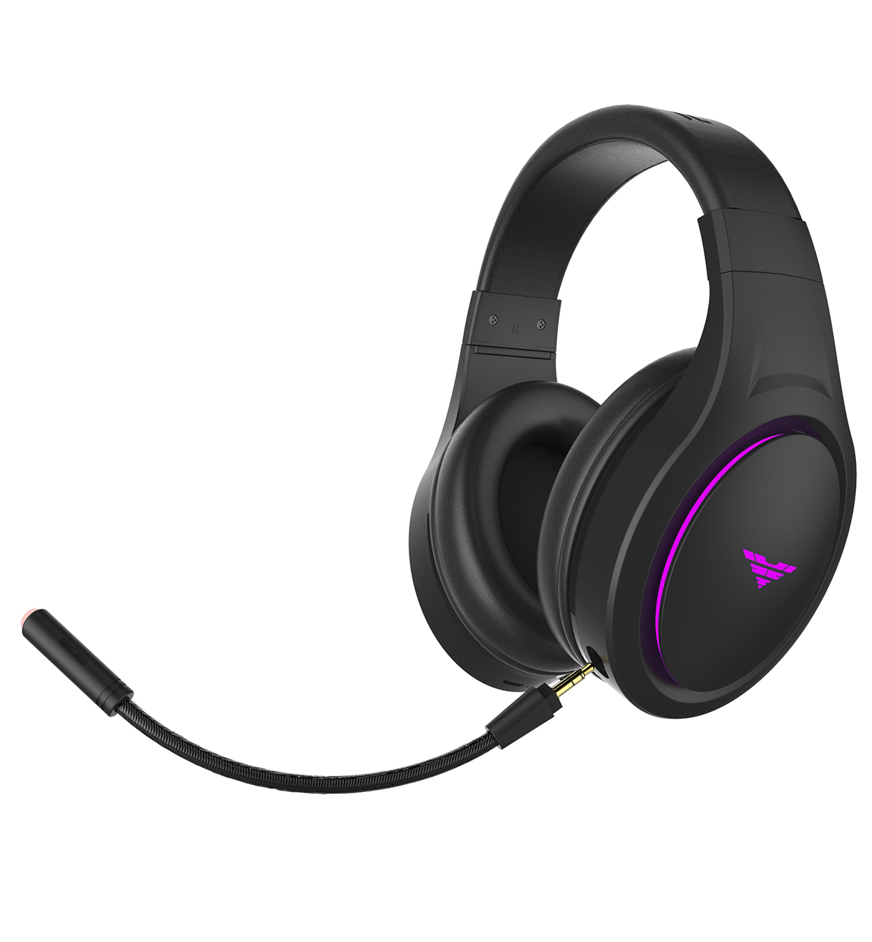 Schwarzer Gaming-Kopfhörer mit rosa Licht. Das Mikrofon ist befestigt und liegt zur Seite.
