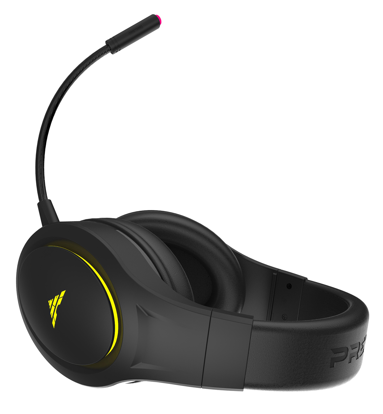 Schwarzes Gaming-Headset mit flexiblem Mikrofon. Gelbe Lichtakzente auf der Ohrmuschel. Schwarzer Hintergrund.