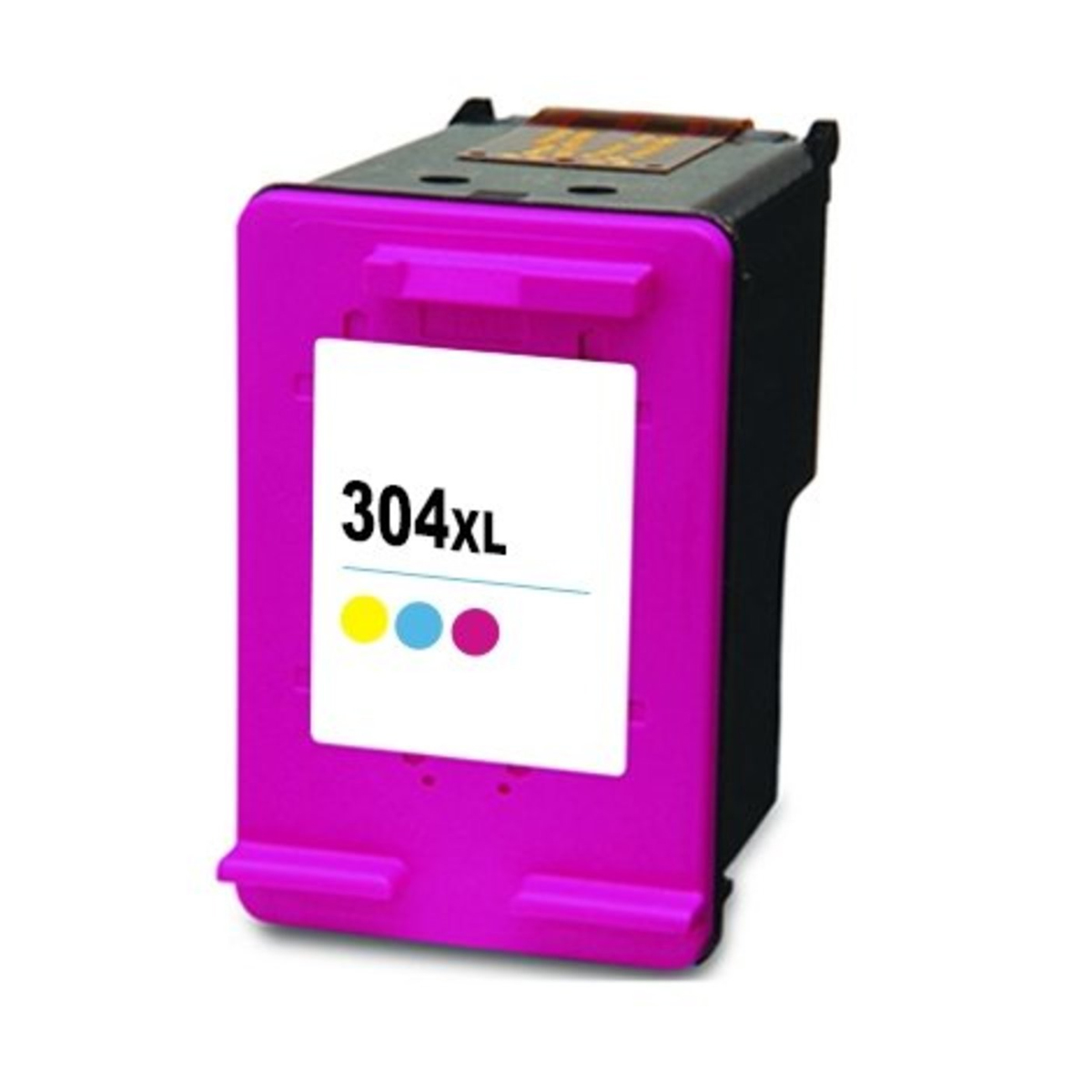Cartucho de tinta magenta con una etiqueta blanca que dice 304XL. Se ven puntos amarillos, cian y magenta.