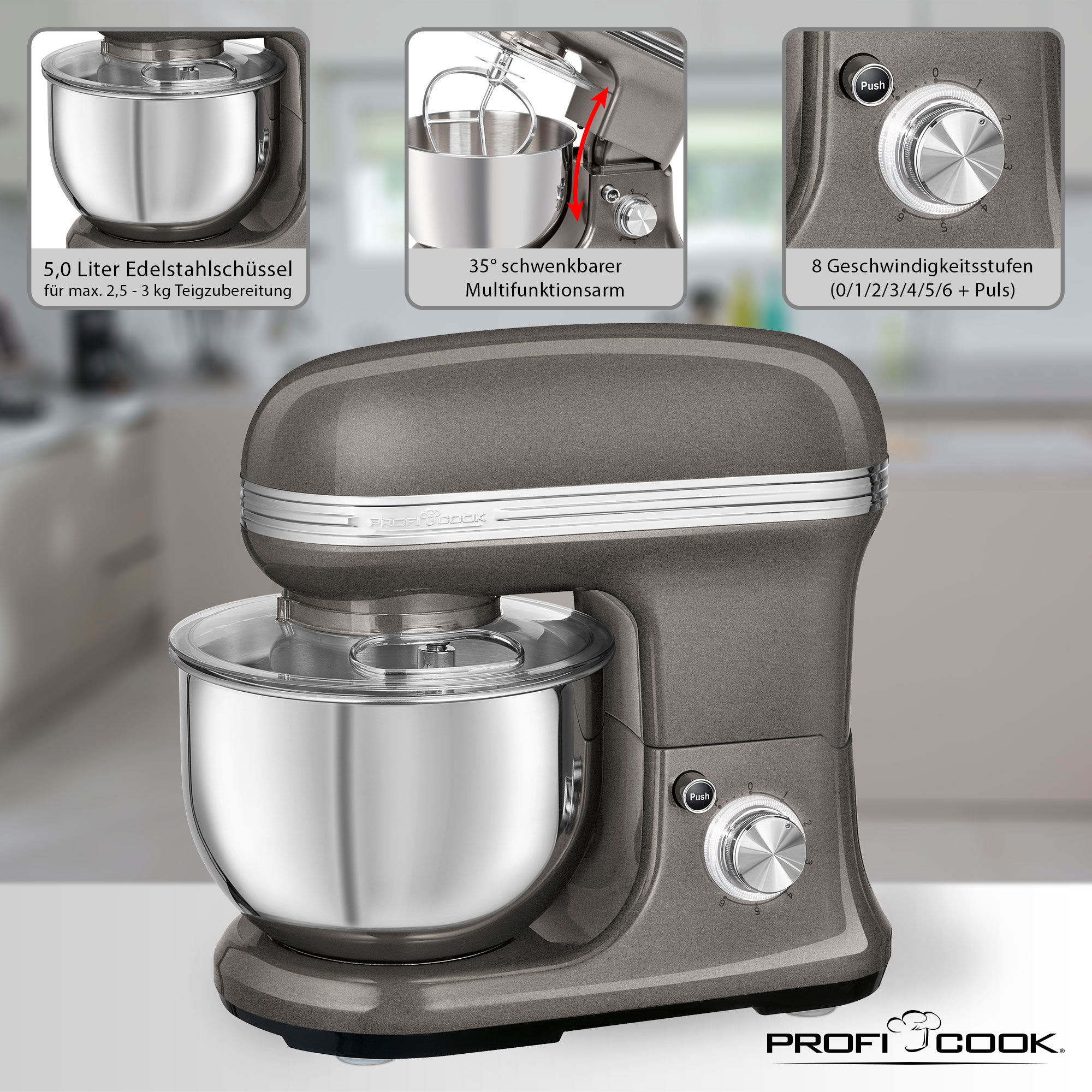 l) Küchemaschine (1200 1197 PC-KM 9999 Grau Watt, PROFICOOK