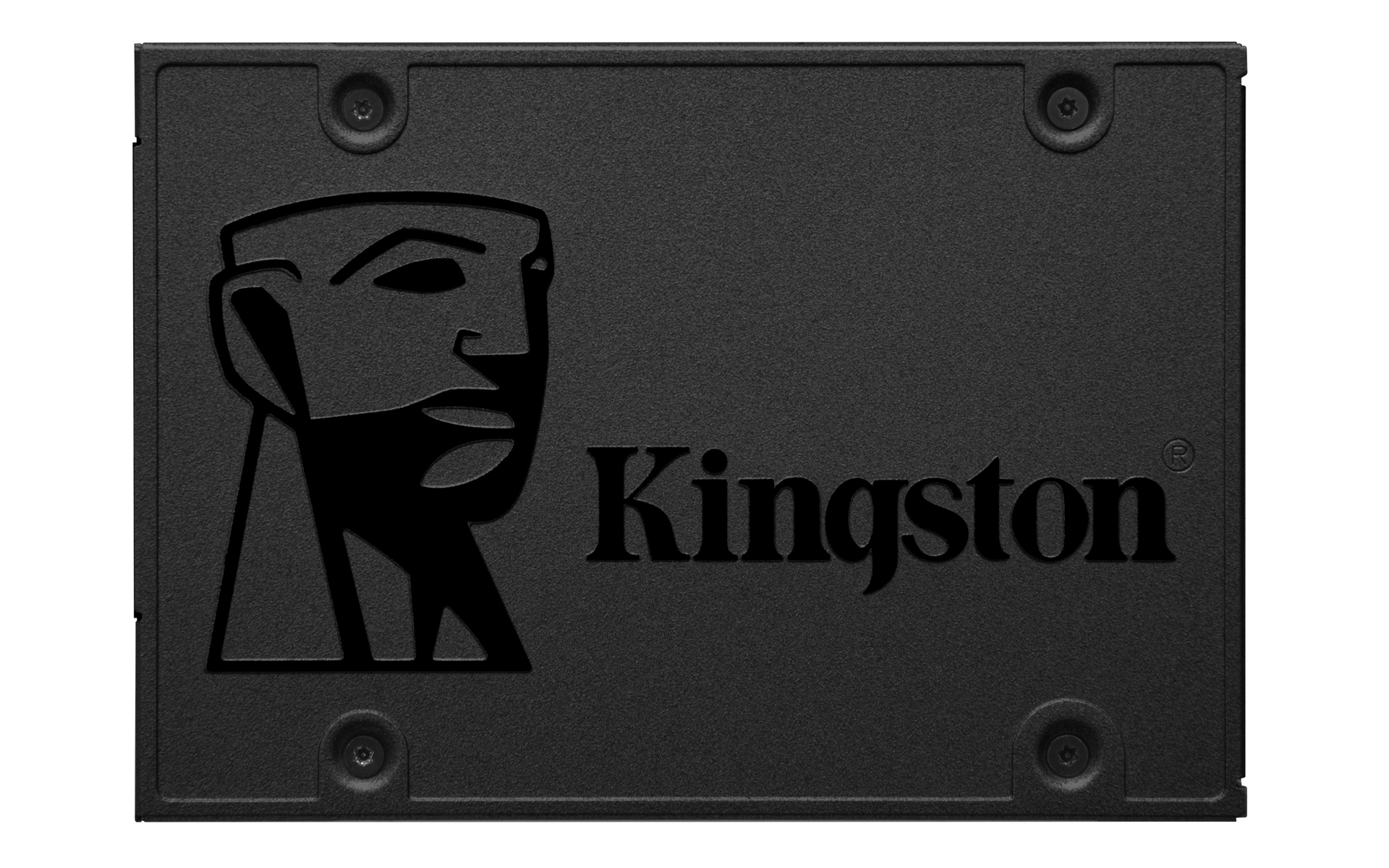 Czarny dysk SSD Kingston z logo Kingston i śrubami montażowymi.