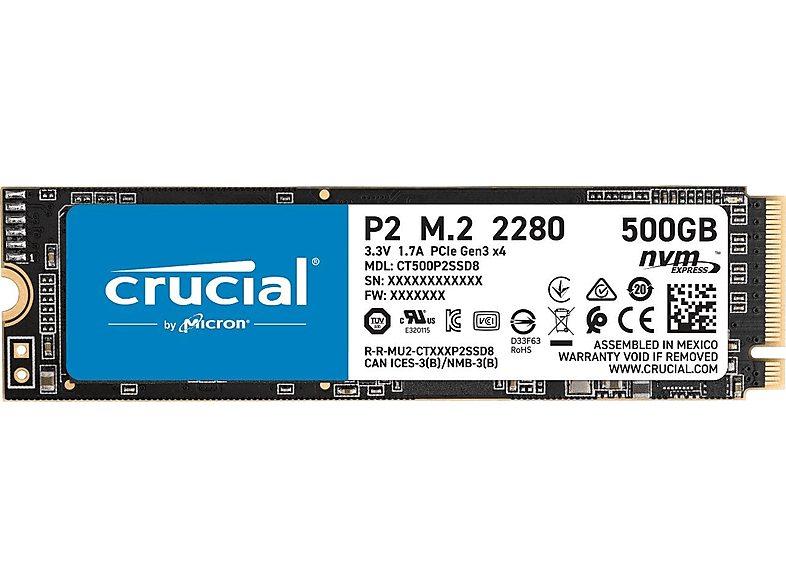 CRUCIAL Crucial CT500P2SSD8P2 500GB NVMe PCIe M.2 SSD Gen 3 2300 MB/s Read, 940 MB/s Write (internes M.2, 500 GB, SSD, intern