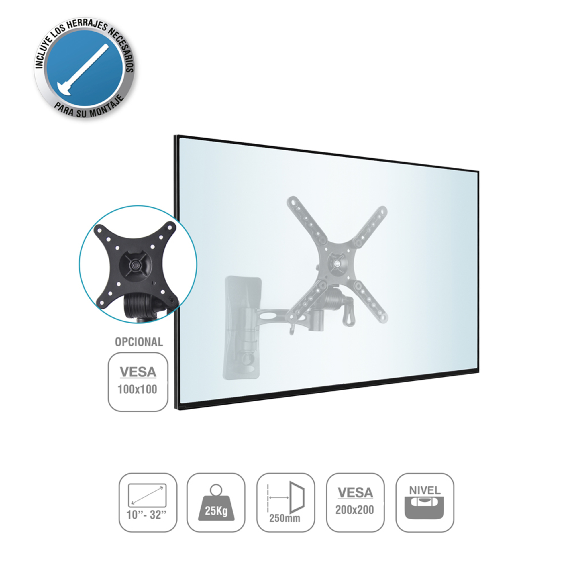 Un soporte de pared para TV negro, con un soporte adicional más pequeño. Incluye los estándares VESA 100x100 y 200x200.