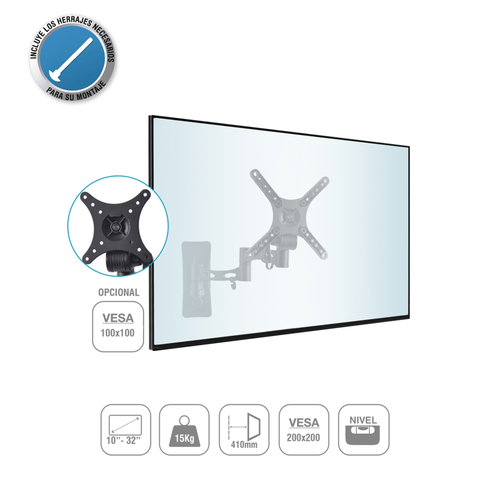 Soporte de pared para TV con soporte negro, VESA opcional 100x100 y otra información de tamaño.