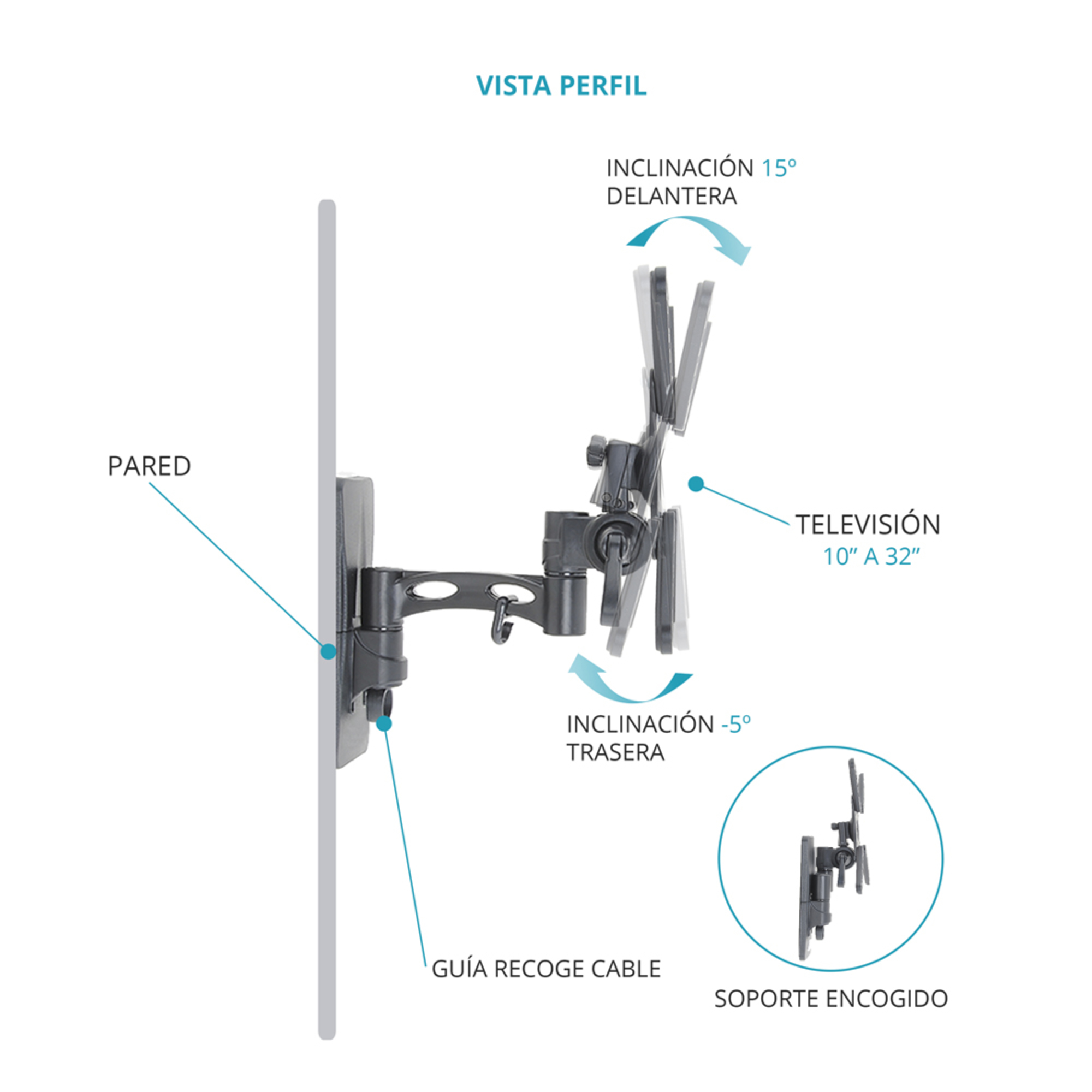 Soporte TV de pared, mostrando inclinación y guía de cables, con detalles del tamaño del TV.